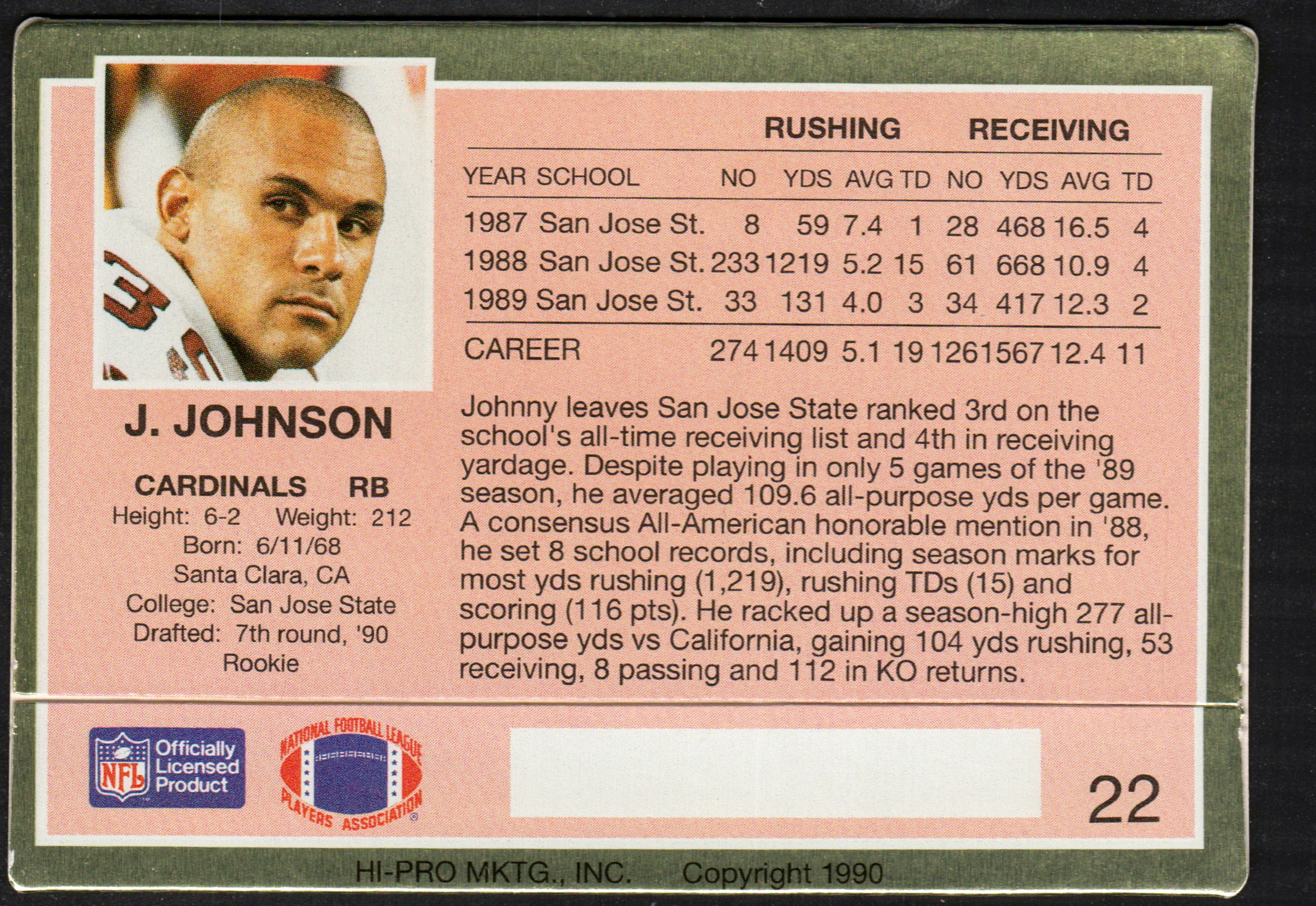 1990 Action Packed trading card featuring Johnny Johnson of the Phoenix Cardinals, showcasing his rookie year in excellent condition.