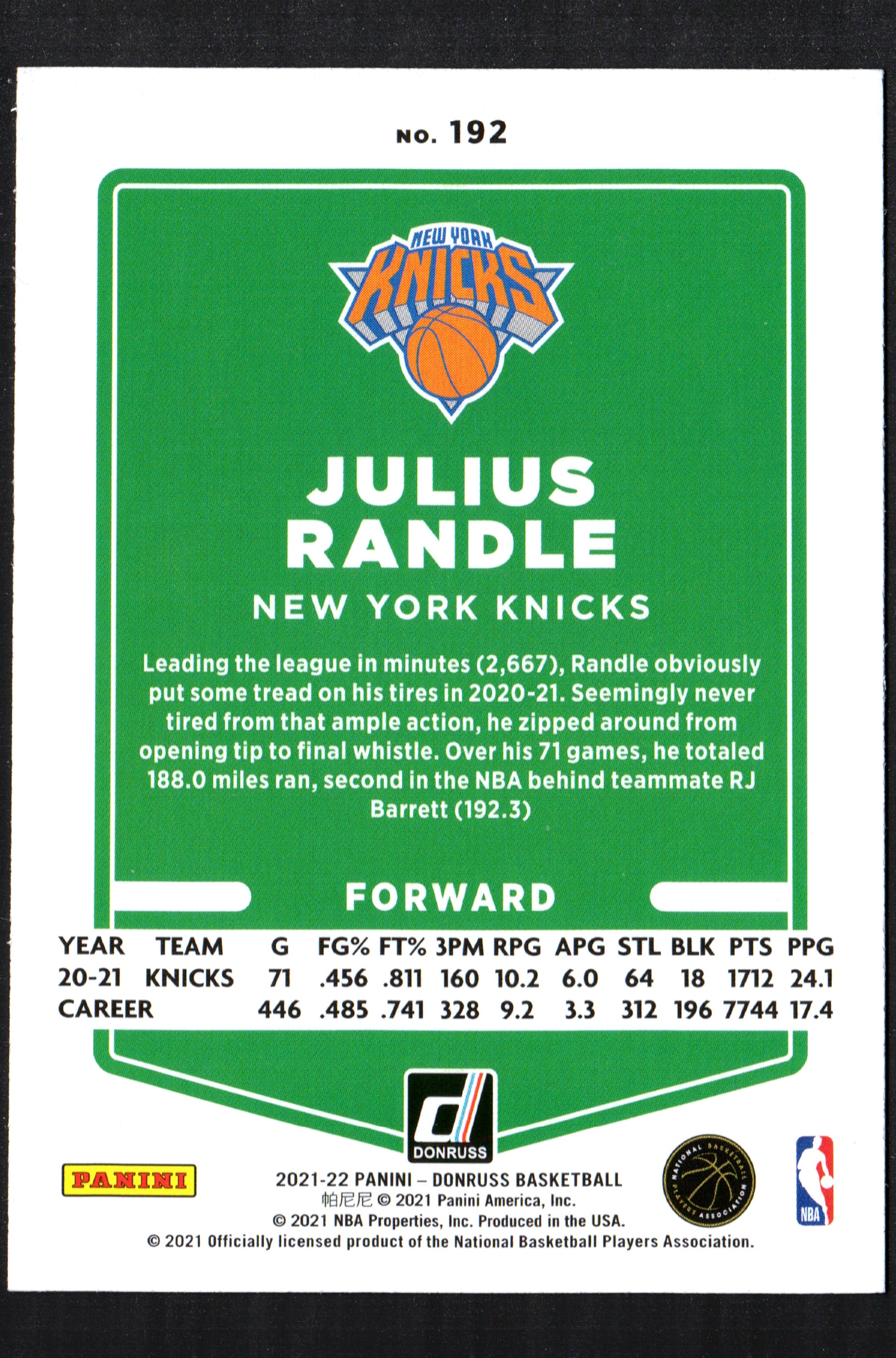 Julius Randle New York Knicks #192 trading card from the 2021-22 Donruss set, featuring vibrant colors and detailed player image.