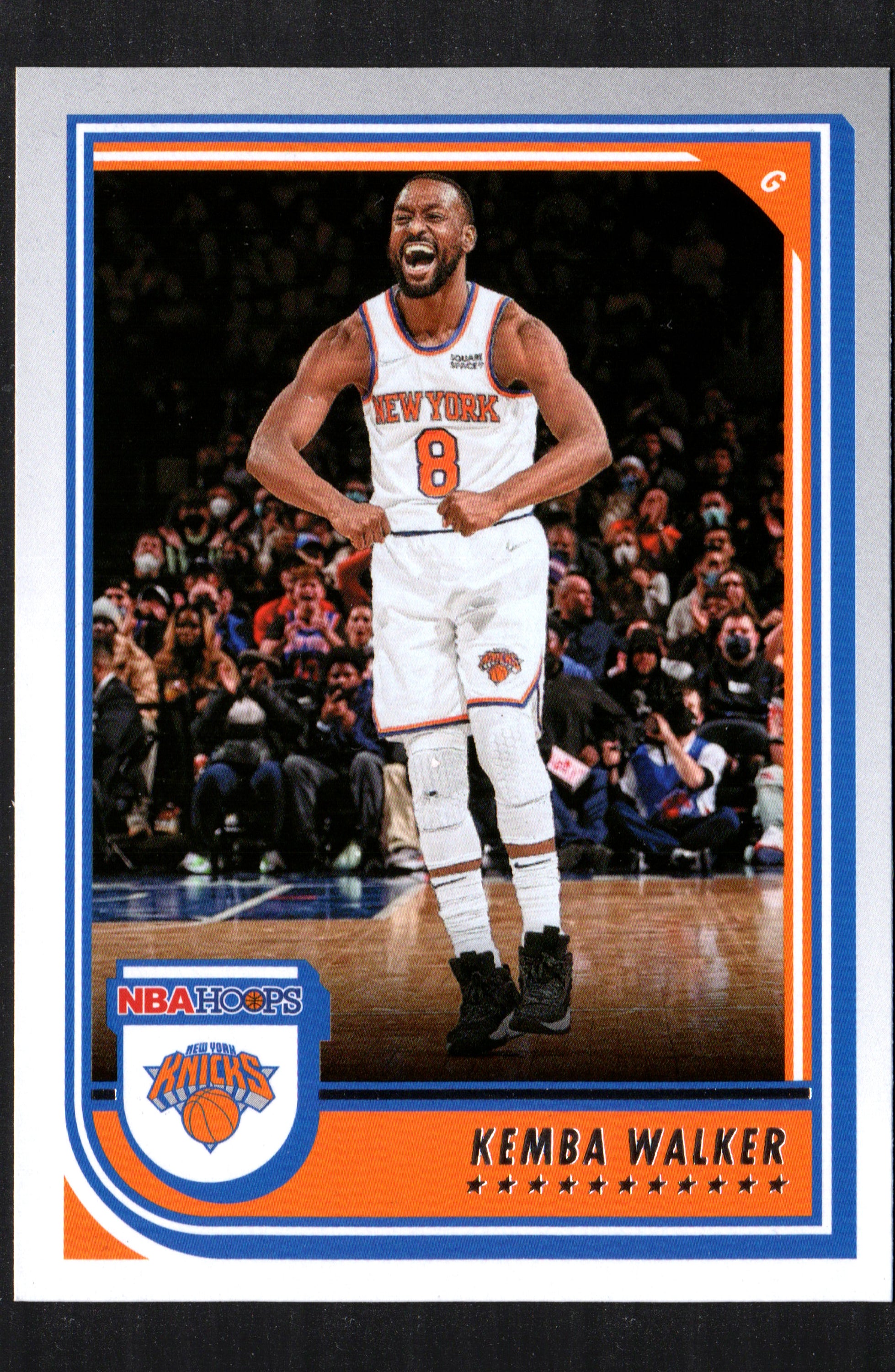 Kemba Walker New York Knicks #22 trading card from the 2022-23 Panini NBA Hoops collection, featuring vibrant colors and detailed imagery.