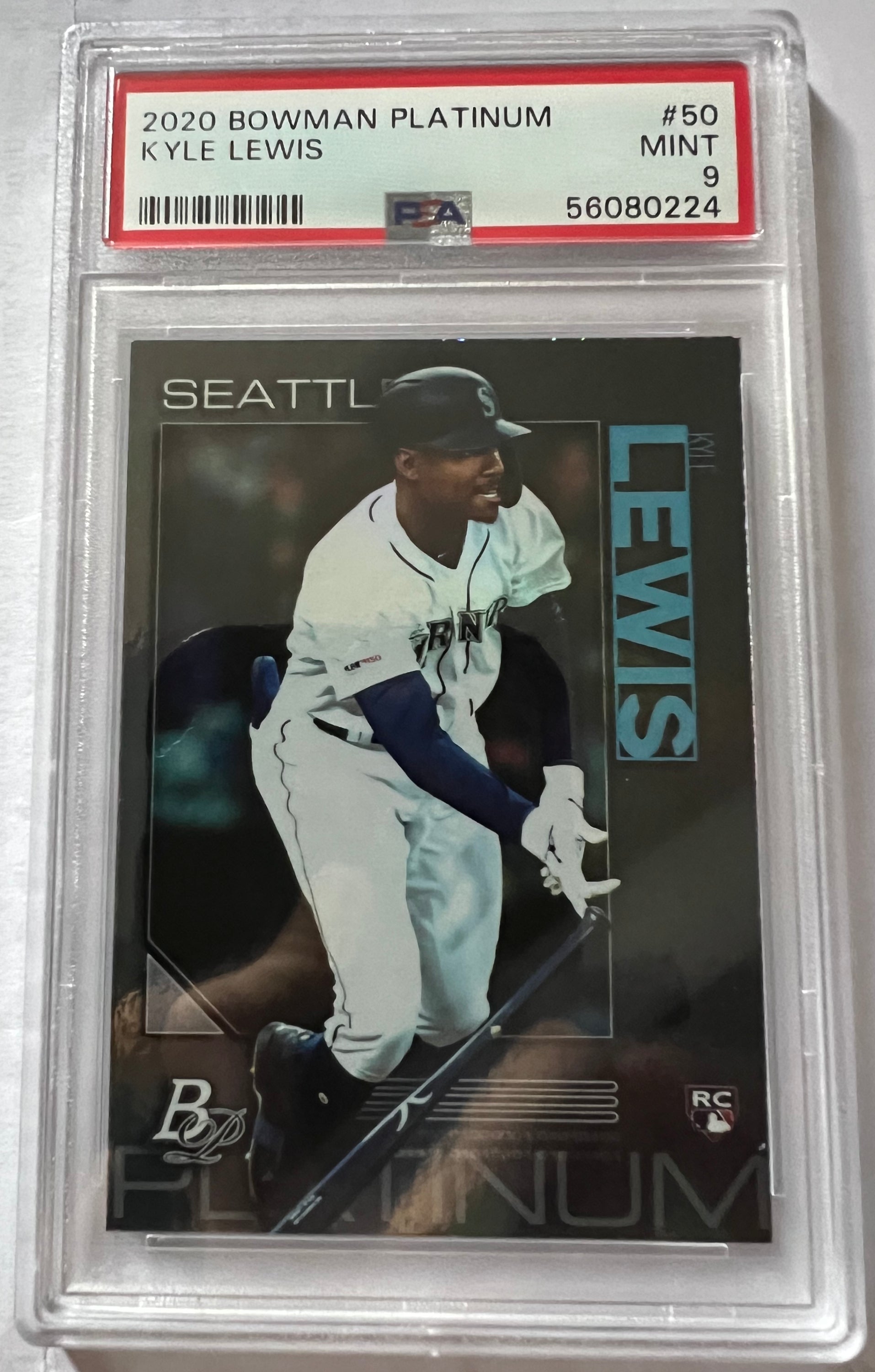 Kyle Lewis Seattle Mariners #50 trading card, graded PSA 9, featuring Holo Platinum design from 2020 Bowman Platinum series.