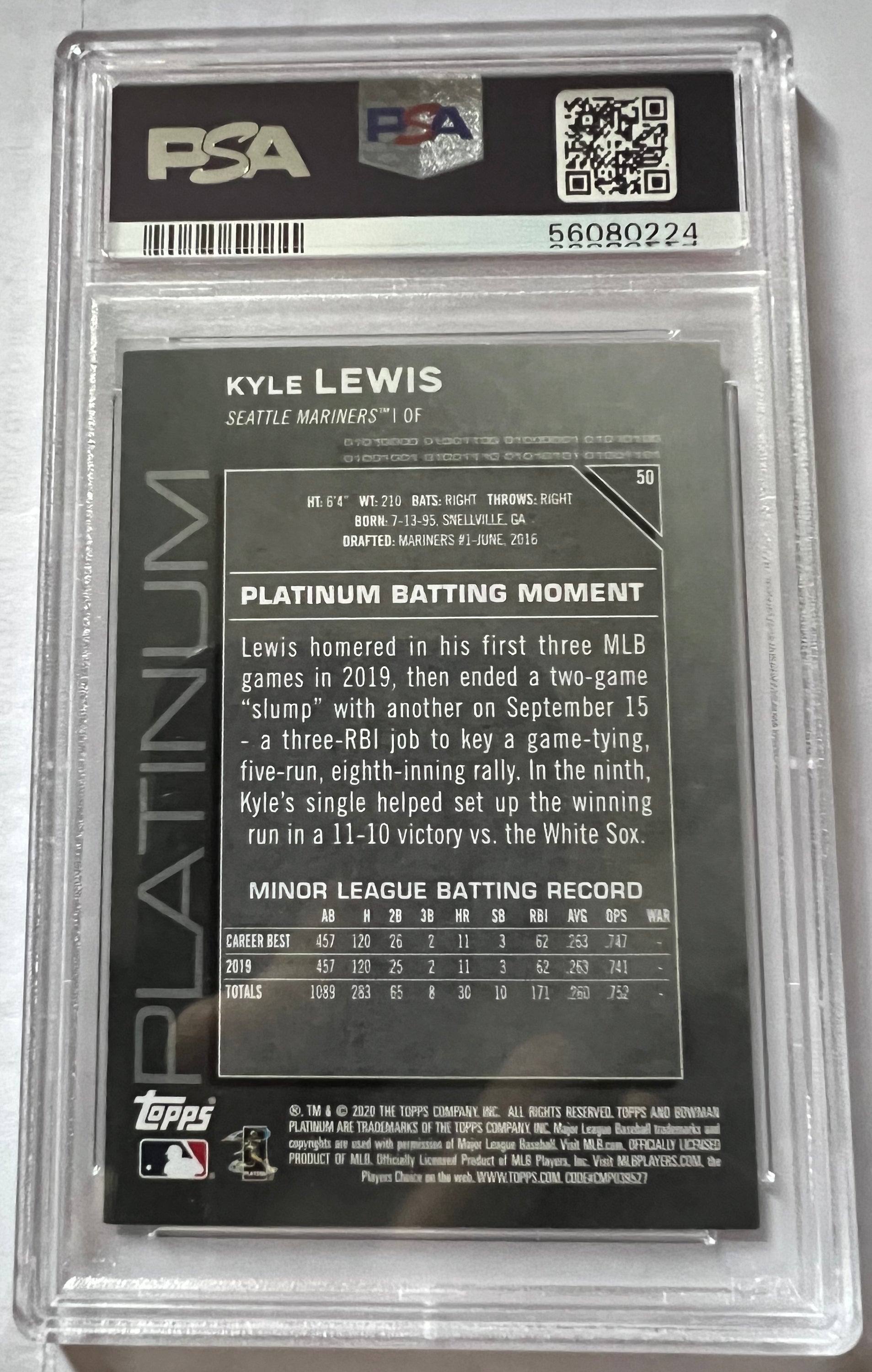 Kyle Lewis Seattle Mariners #50 trading card, graded PSA 9, featuring Holo Platinum design from 2020 Bowman Platinum series.