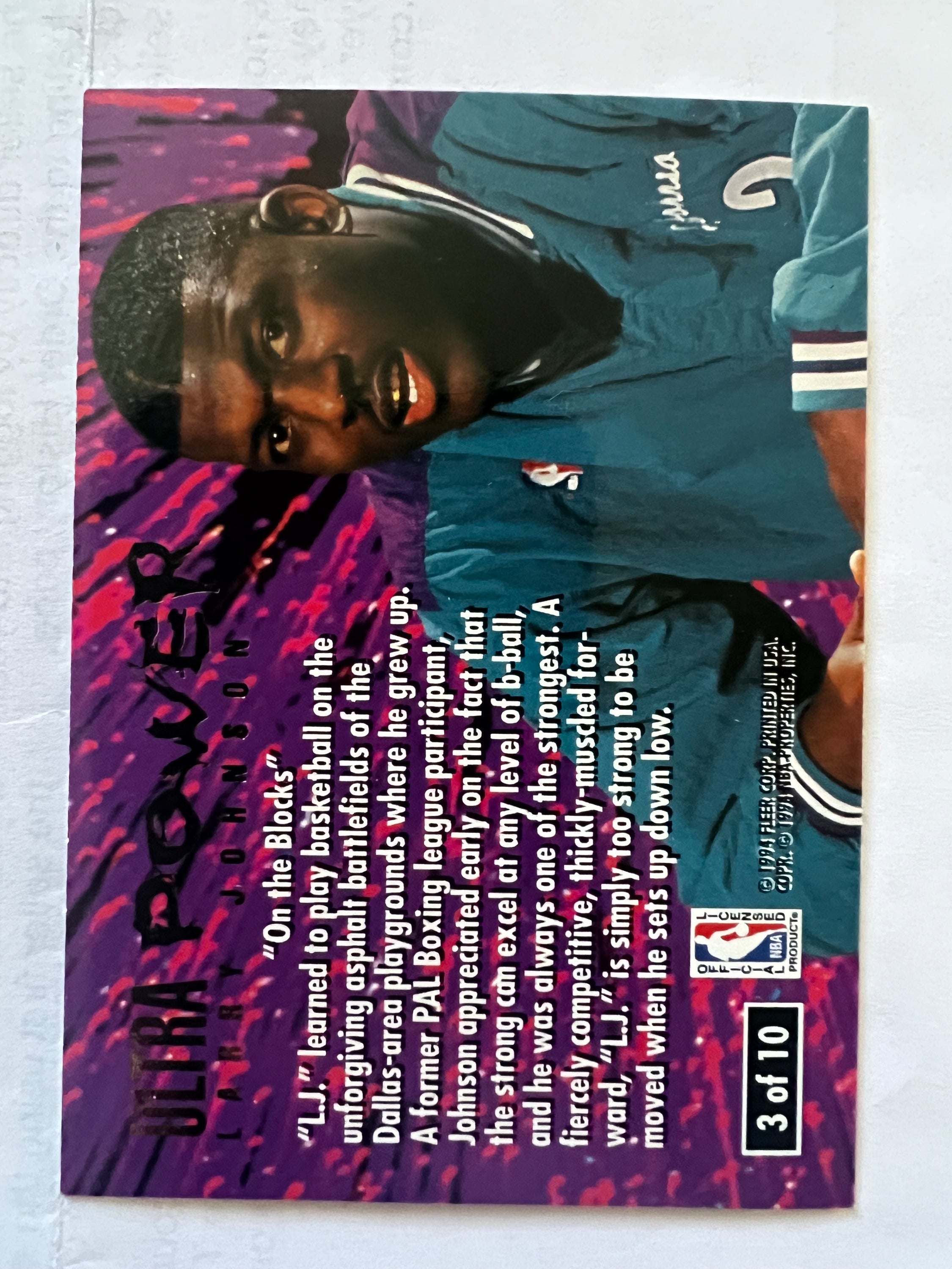 Larry Johnson Charlotte Hornets #3 trading card from the 1994-95 Fleer Ultra set, showcasing vibrant colors and high-quality imagery.