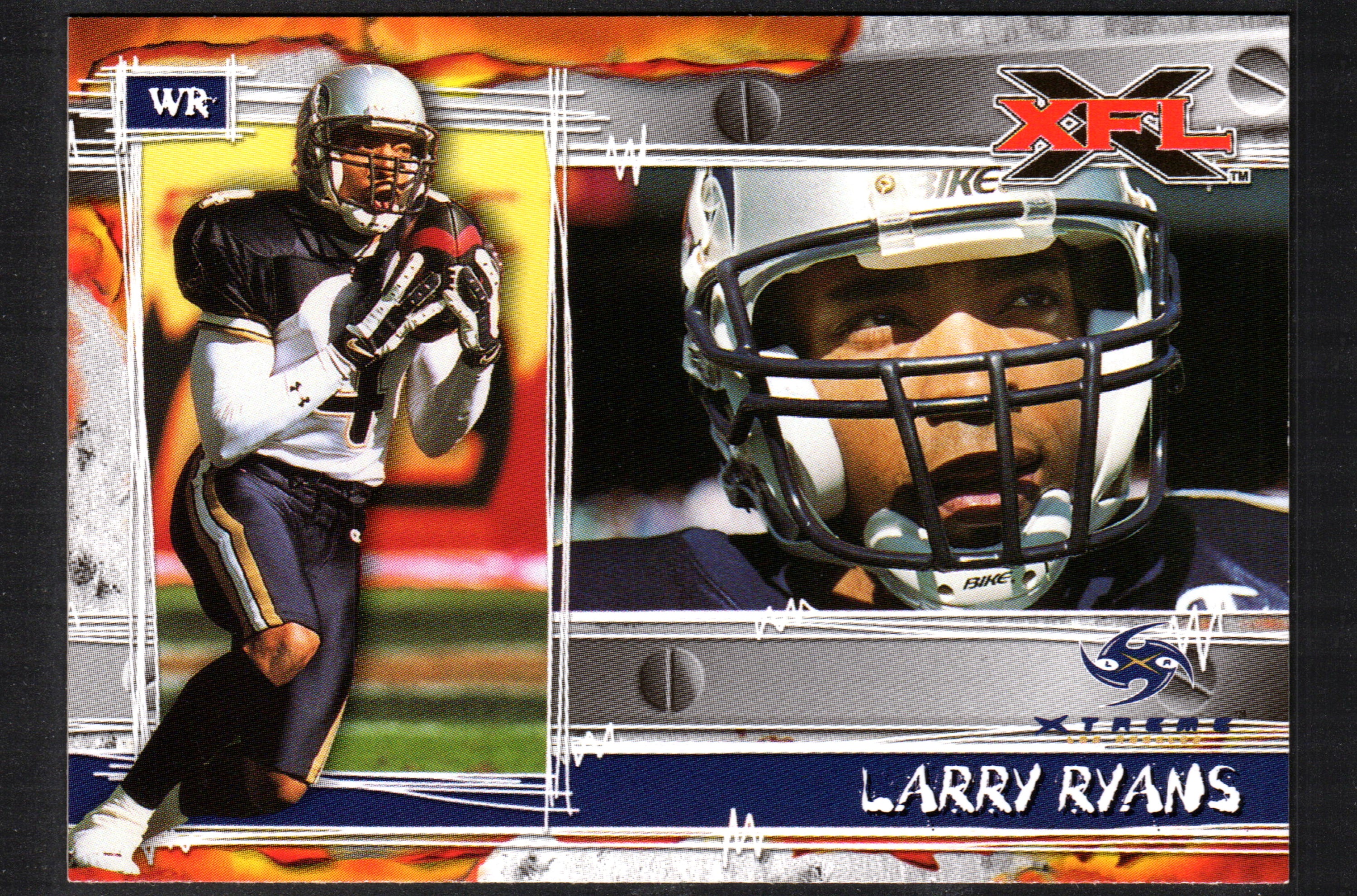 Larry Ryans Los Angeles Xtreme #33 trading card from the 2001 Topps XFL set, featuring player image and card details.