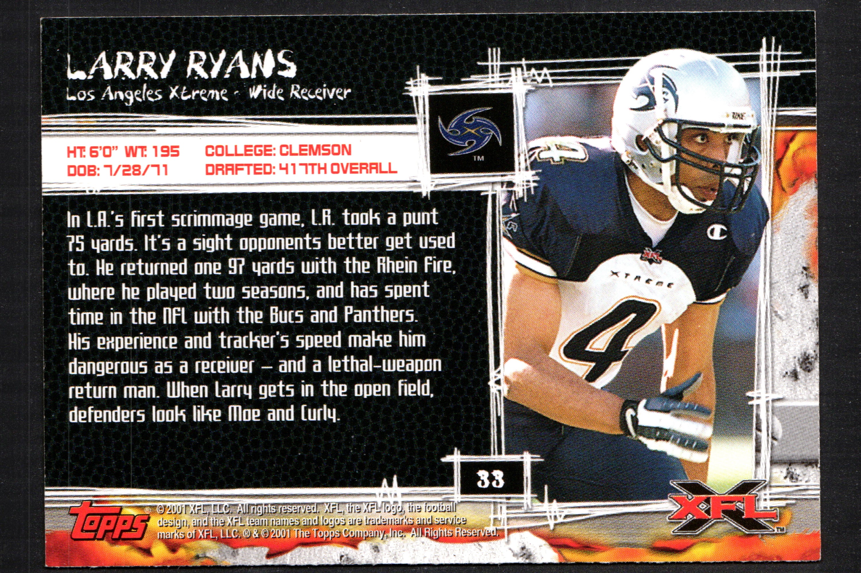 Larry Ryans Los Angeles Xtreme #33 trading card from the 2001 Topps XFL set, featuring player image and card details.