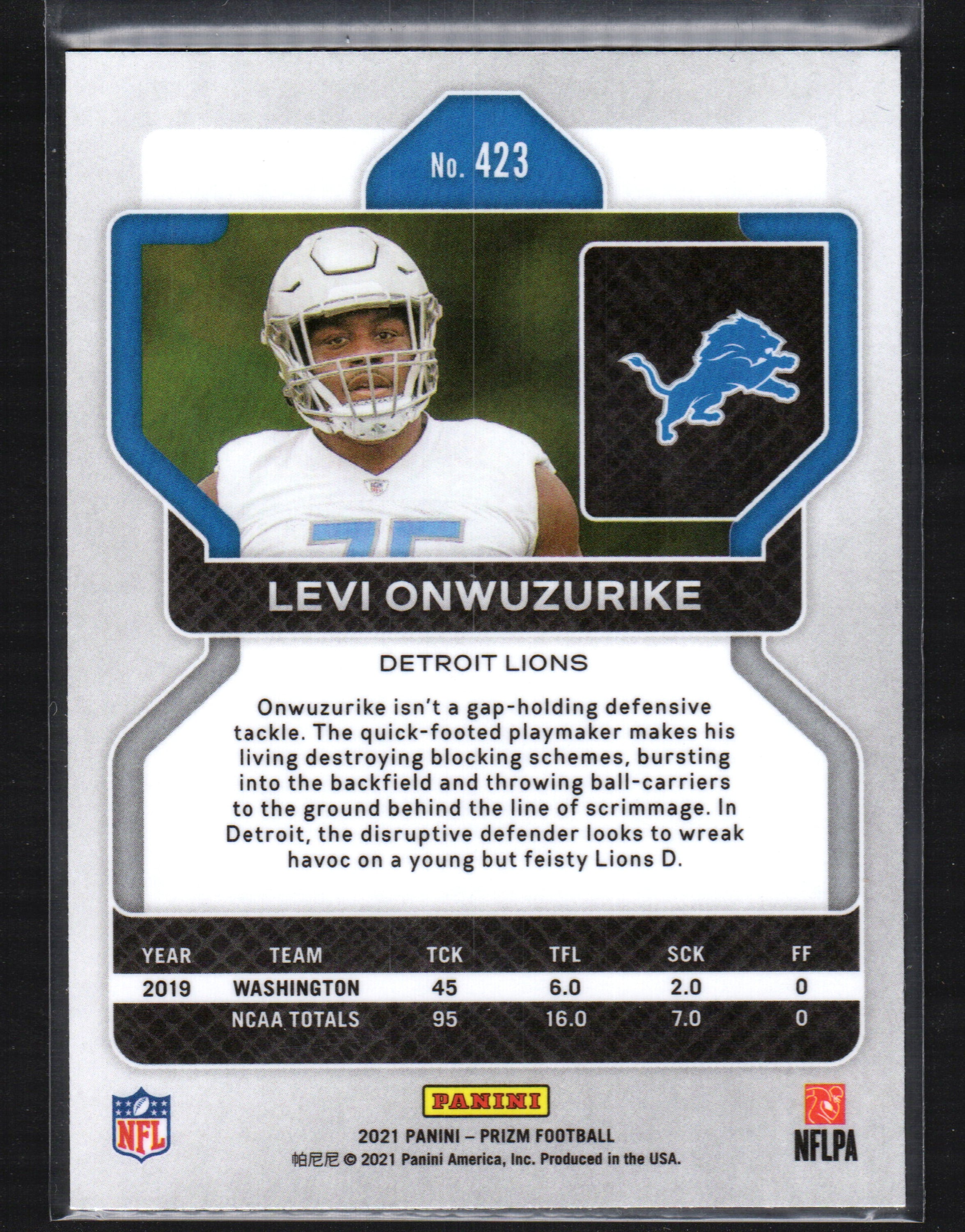 Levi Onwuzurike Detroit Lions #423 trading card from the 2021 Panini Prizm set, featuring player image and team logo.