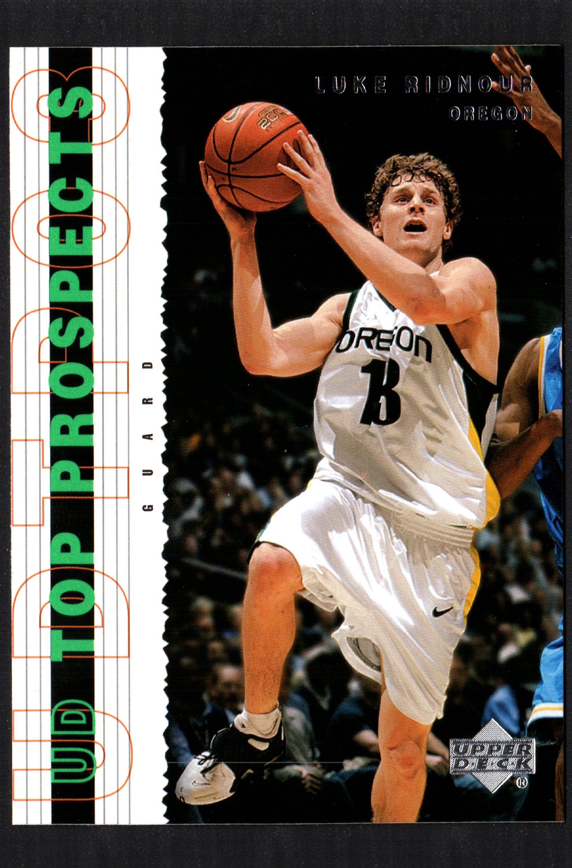 Luke Ridnour Oregon Ducks Men's #14 trading card from the 2003-04 Upper Deck set, featuring vibrant colors and detailed player information.