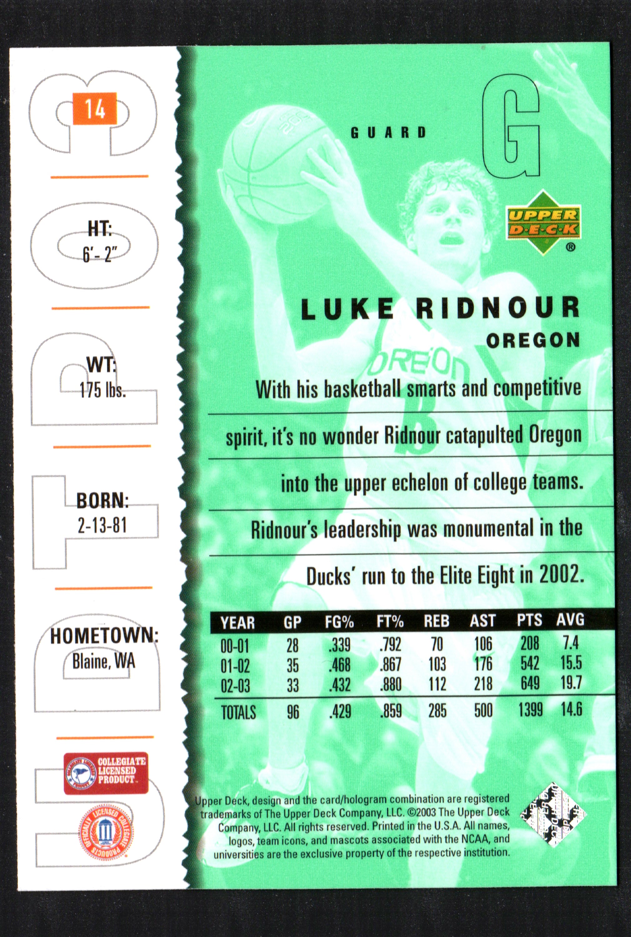 Luke Ridnour Oregon Ducks Men's #14 trading card from the 2003-04 Upper Deck set, featuring vibrant colors and detailed player information.