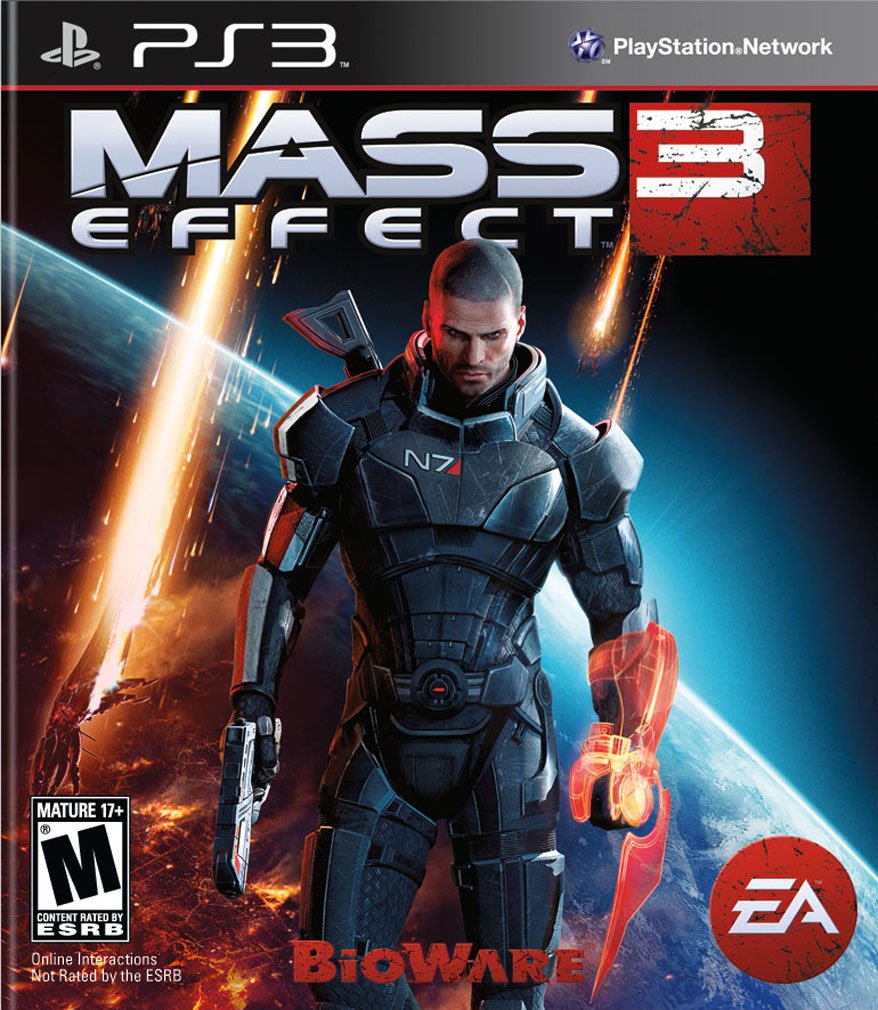 Mass Effect 3 game cover for Playstation 3 featuring Commander Shepard in action.