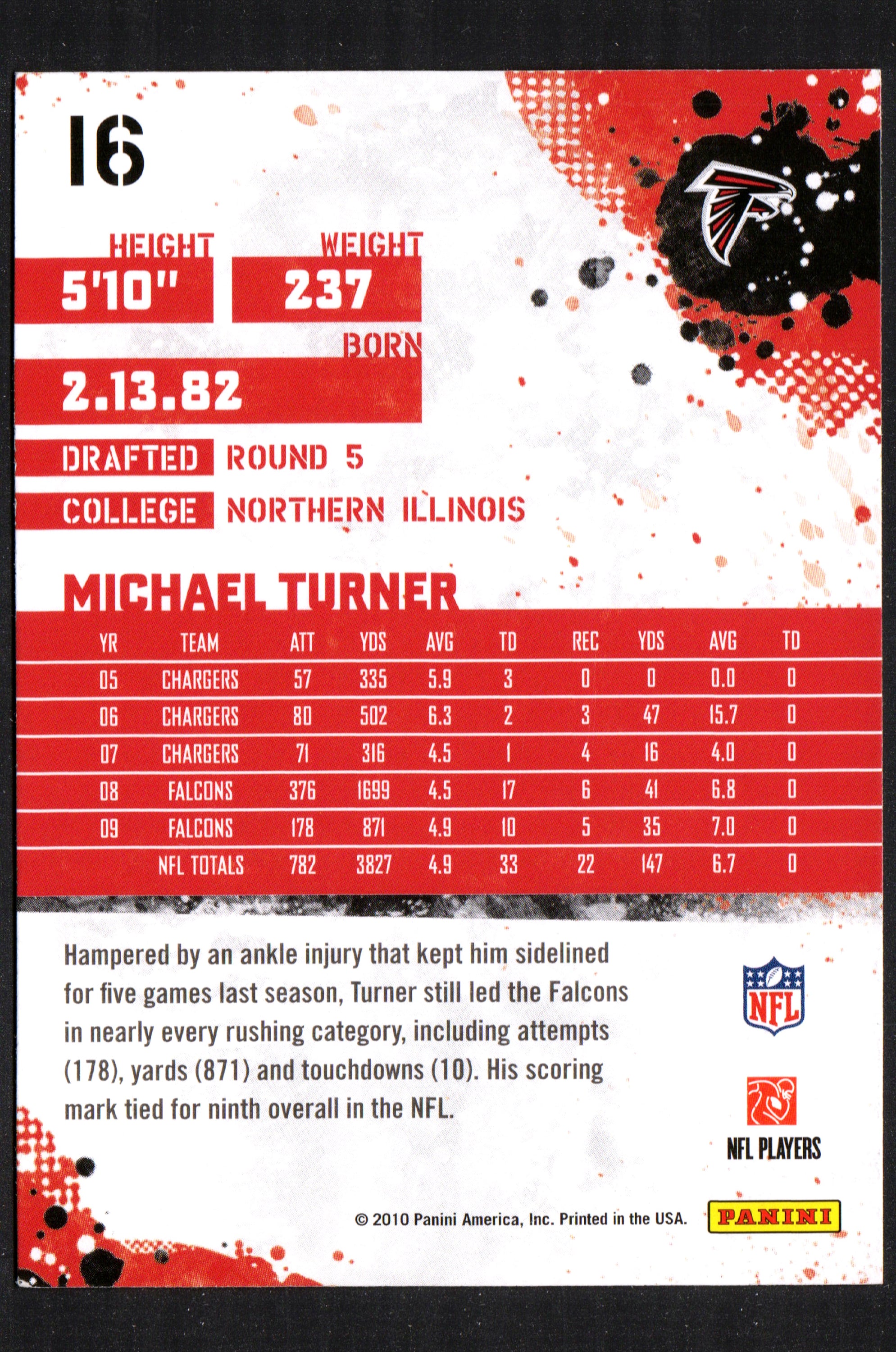 Michael Turner Atlanta Falcons #16 trading card from 2010 Score, featuring vibrant colors and detailed player image.