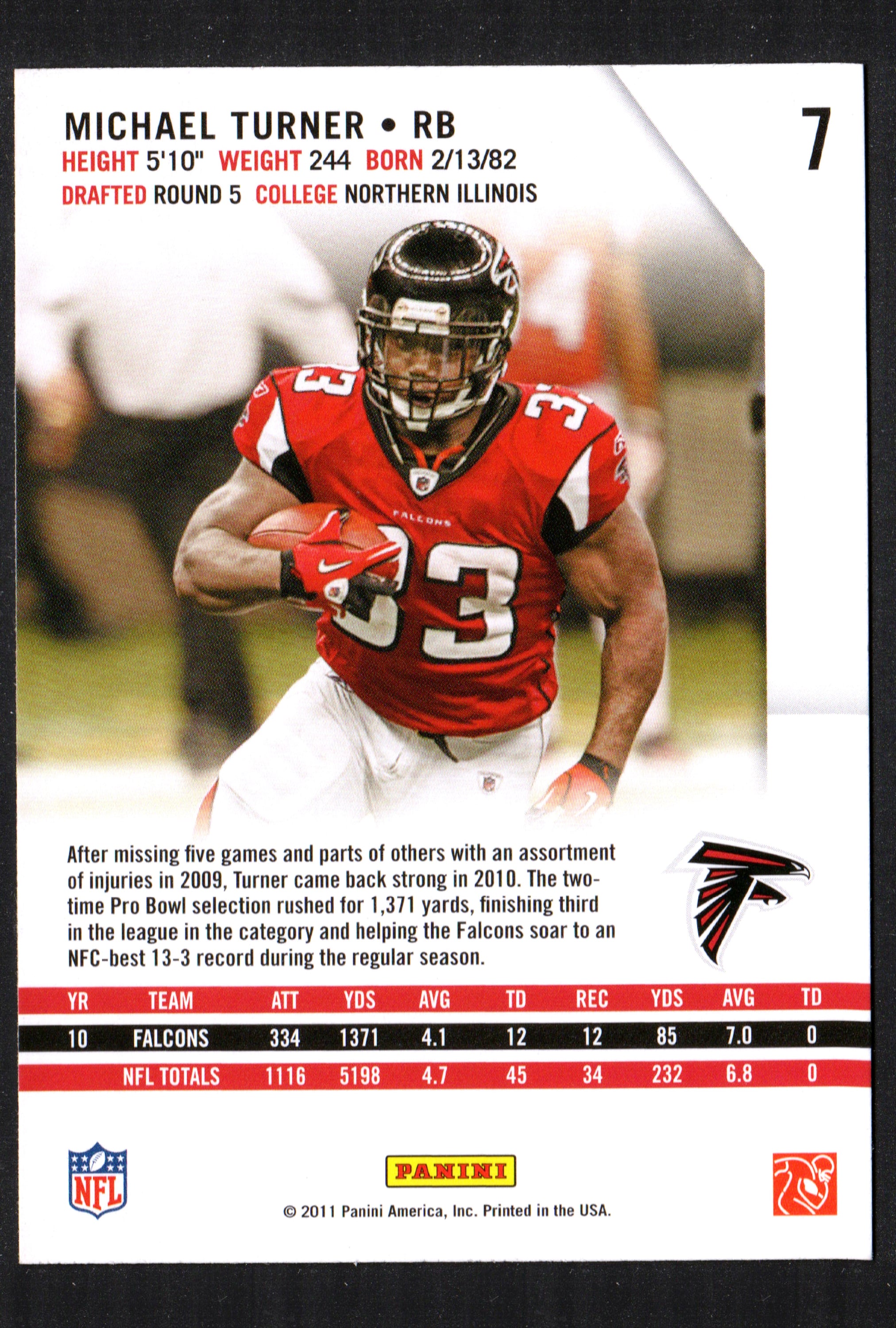 2011 Panini Rookies & Stars trading card featuring Michael Turner, Atlanta Falcons running back, card number 7.