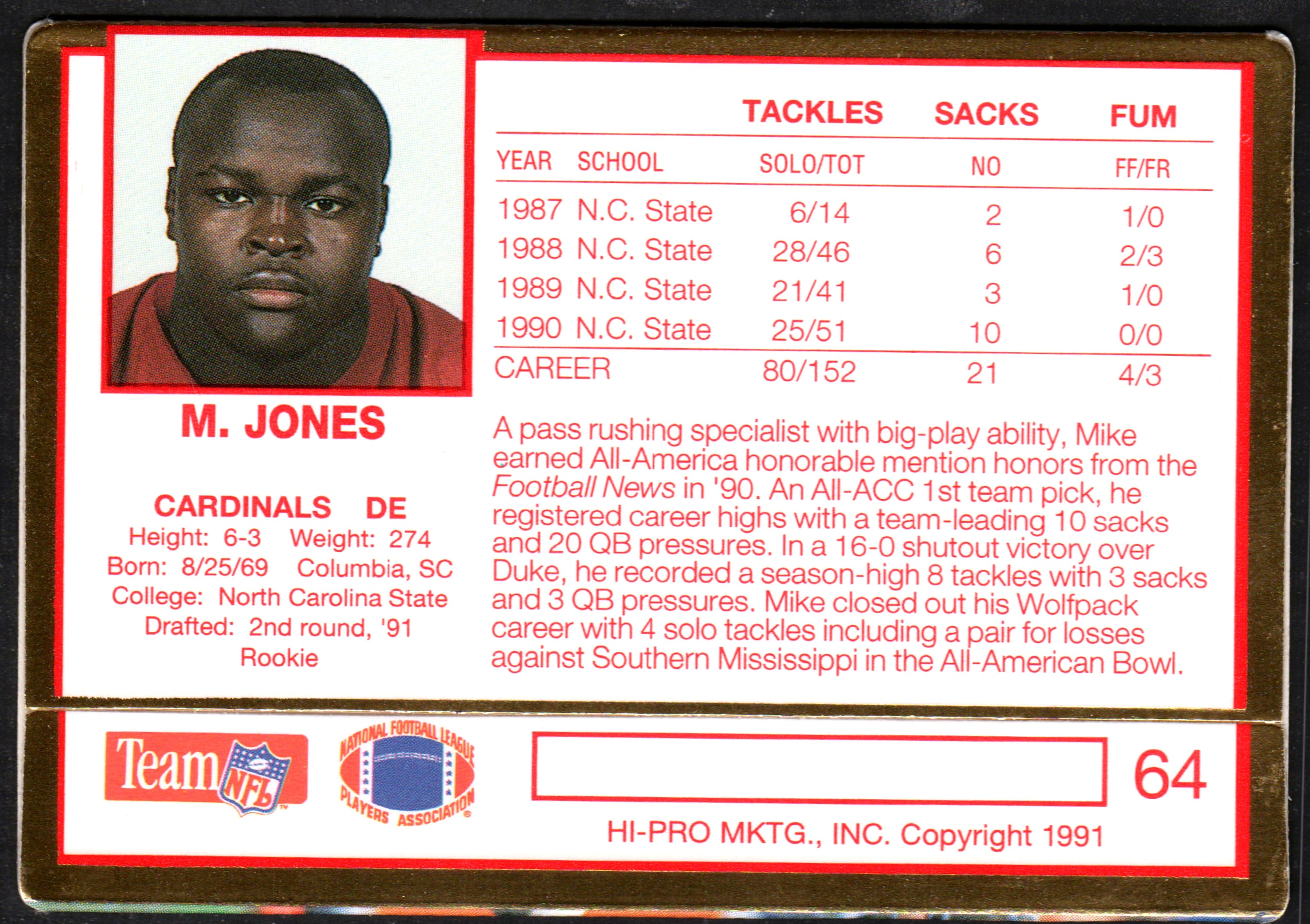 1991 Action Packed trading card featuring Mike Jones of the Phoenix Cardinals in action on the field.