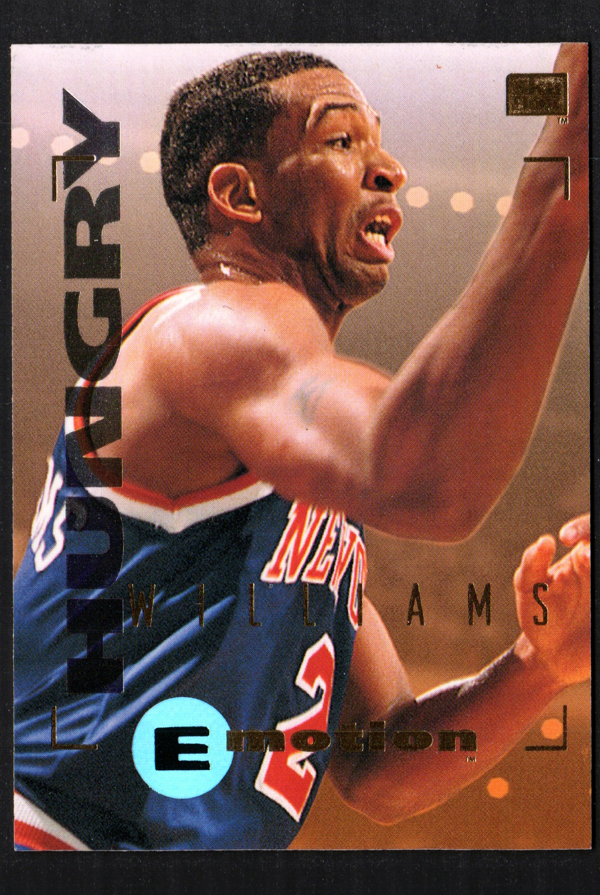 Monty Williams New York Knicks #66 trading card from the 1994-95 SkyBox Emotion set, featuring vibrant colors and detailed player imagery.