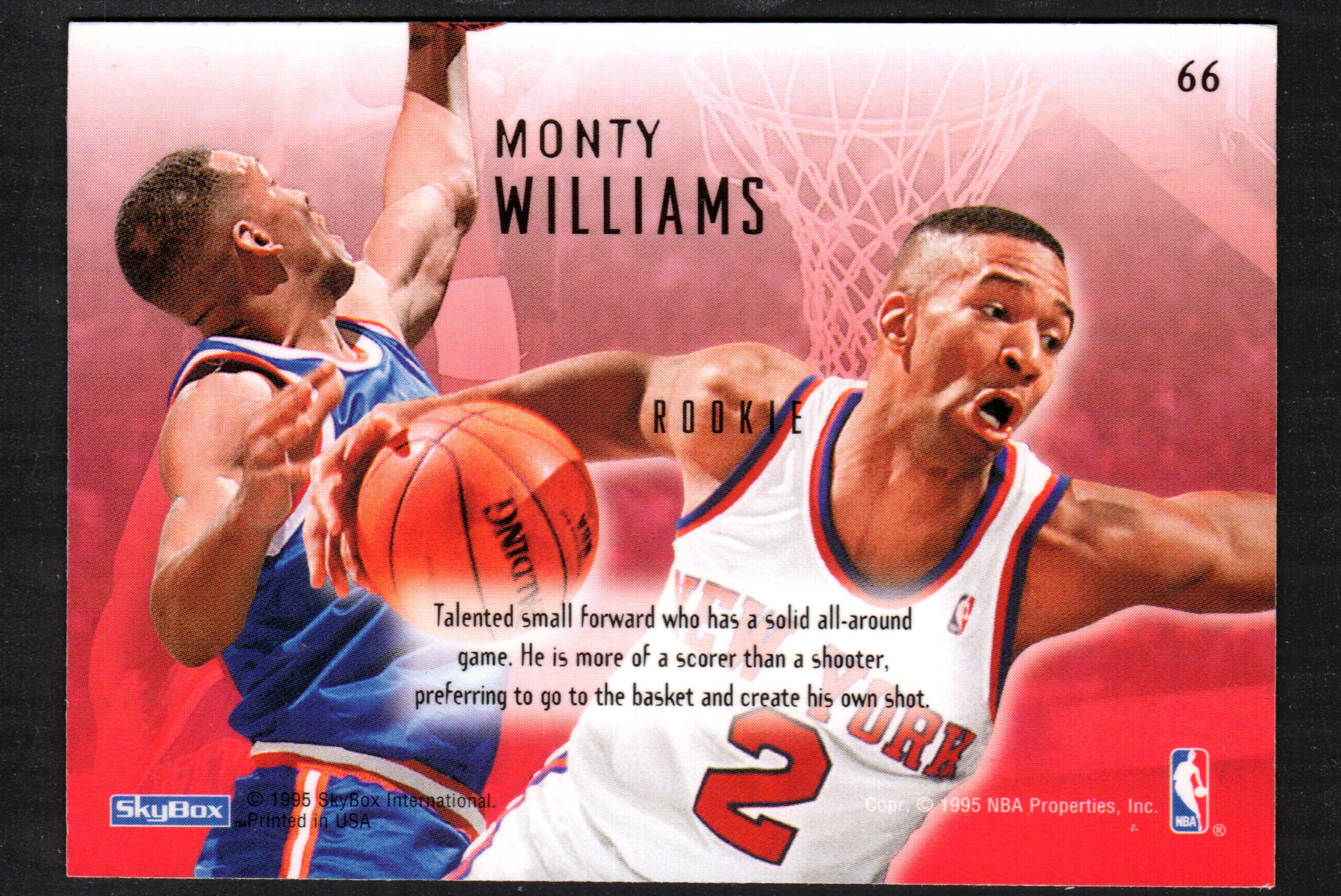 Monty Williams New York Knicks #66 trading card from the 1994-95 SkyBox Emotion set, featuring vibrant colors and detailed player imagery.