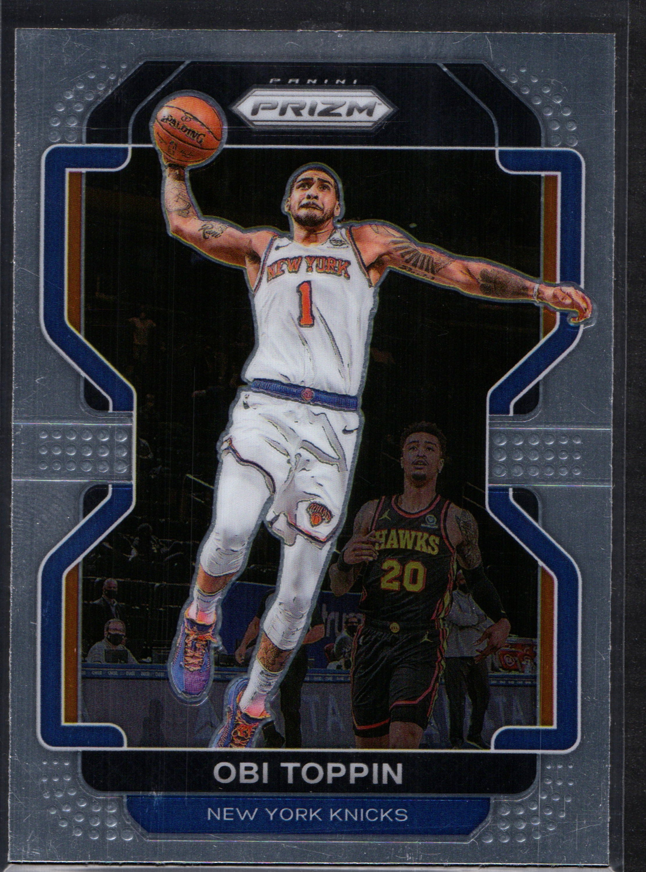 Obi Toppin New York Knicks #141 trading card from 2021-22 Panini Prizm, featuring vibrant colors and detailed player image.