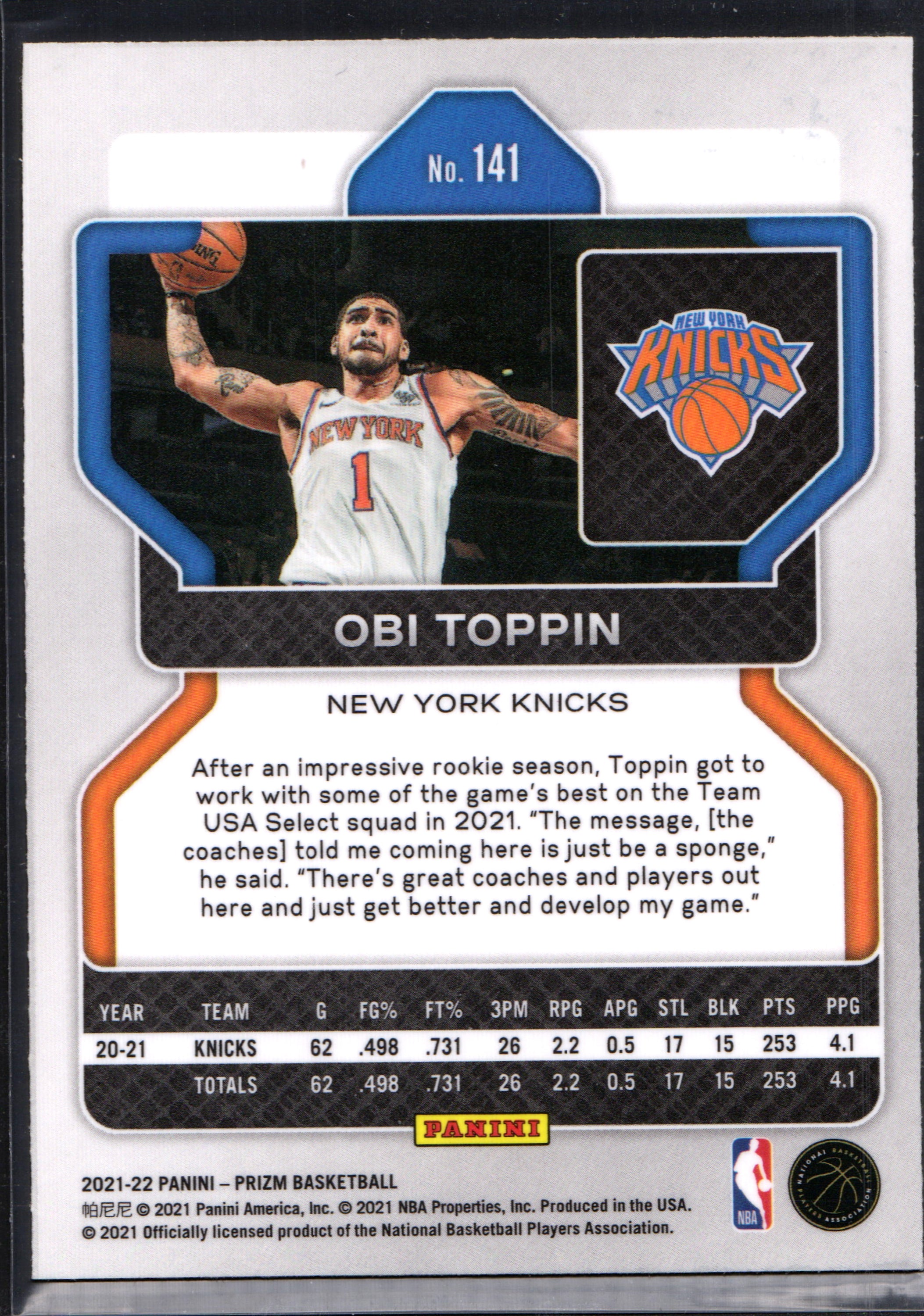 Obi Toppin New York Knicks #141 trading card from 2021-22 Panini Prizm, featuring vibrant colors and detailed player image.