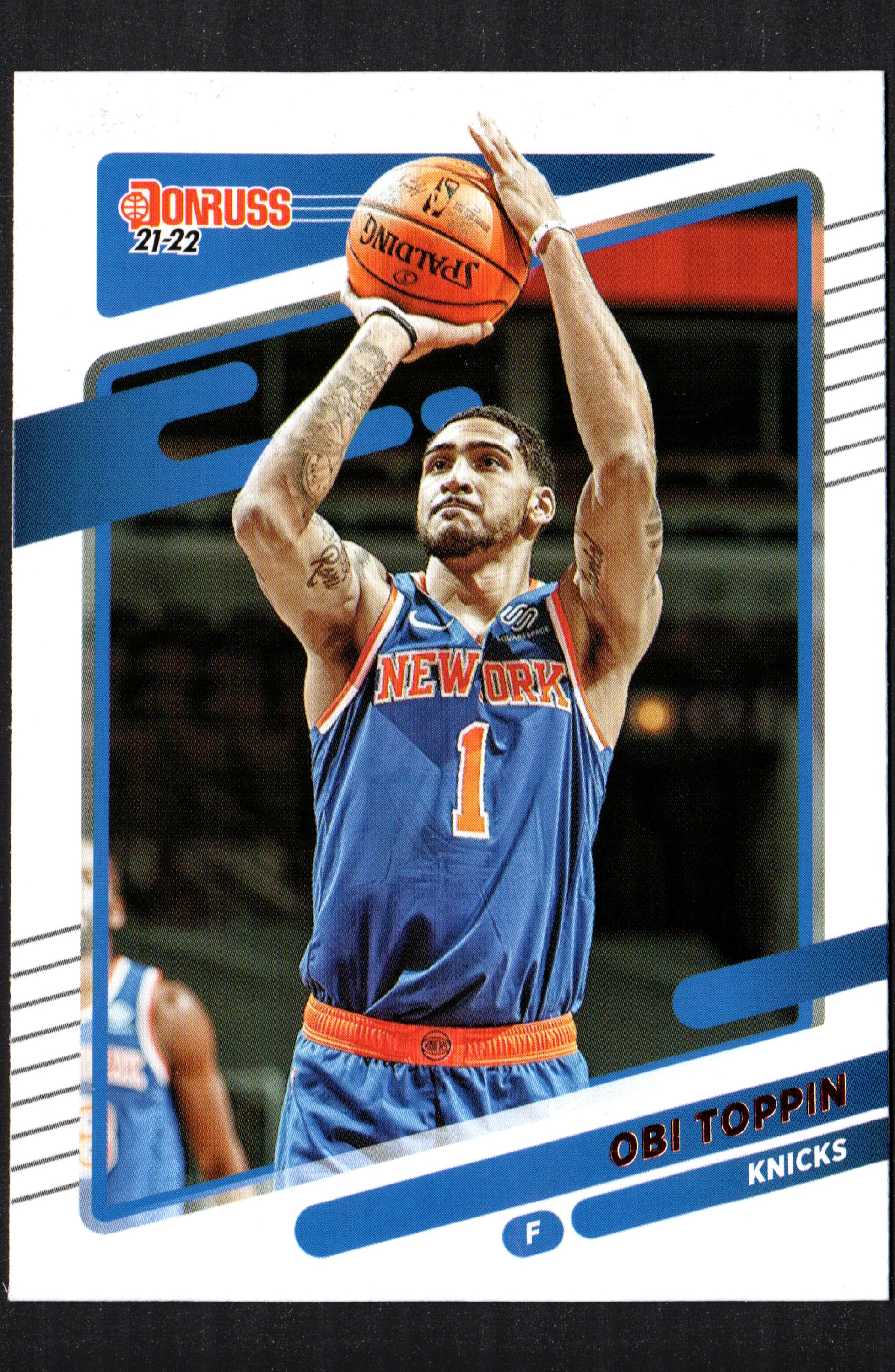 Obi Toppin New York Knicks #118 trading card from the 2021-22 Donruss collection, featuring vibrant colors and detailed player information.