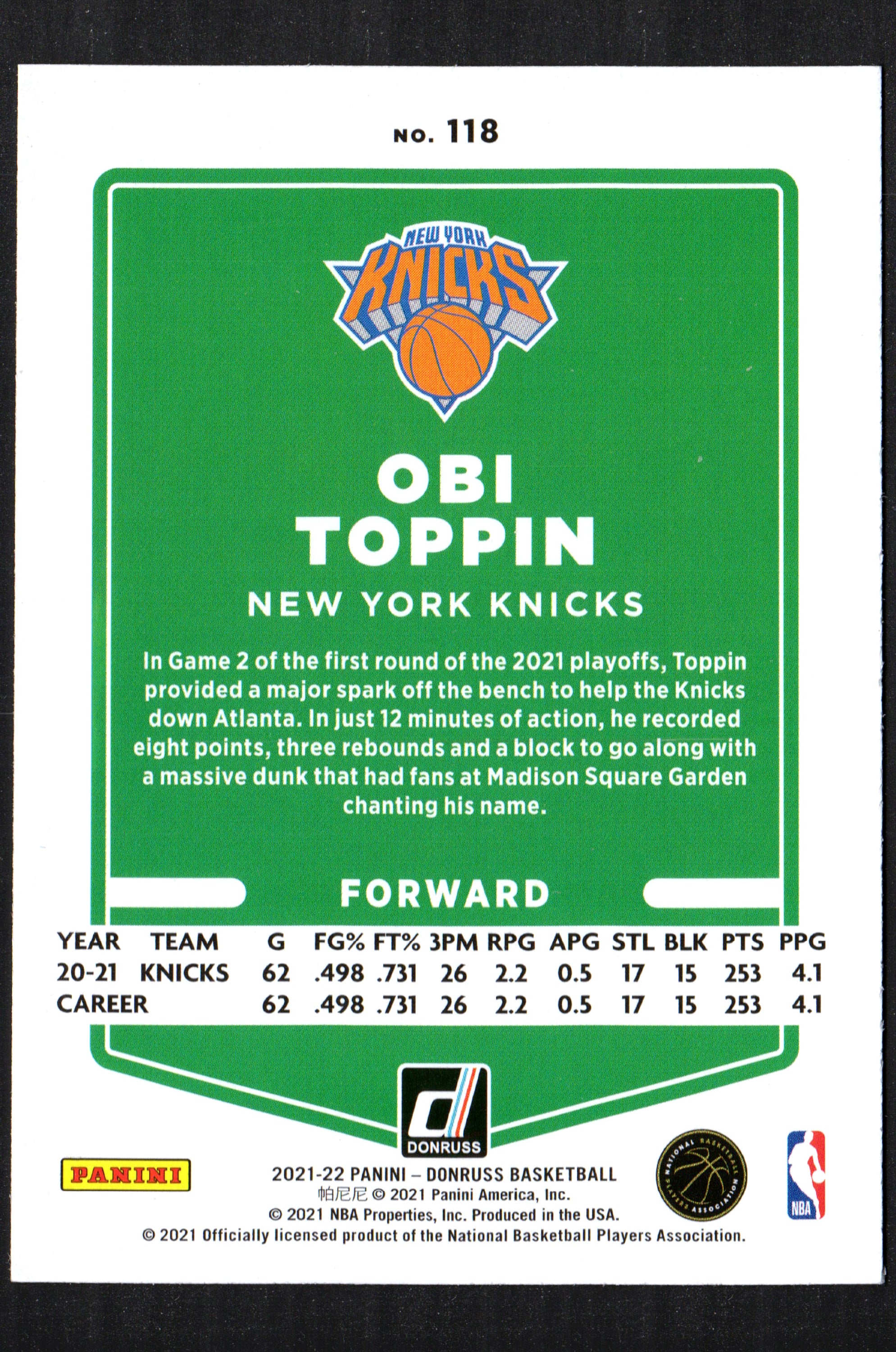 Obi Toppin New York Knicks #118 trading card from the 2021-22 Donruss collection, featuring vibrant colors and detailed player information.