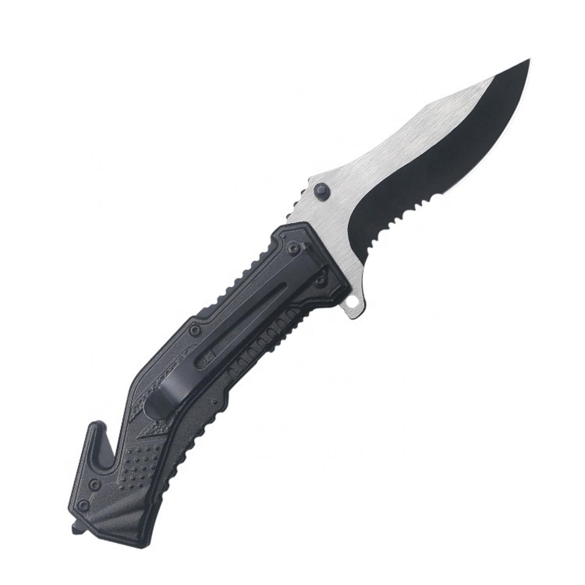 A multifunctional pocket knife with a large stainless steel blade, window shattering knob, seat-belt cutter, bottle opener, and belt clip, designed for tactical use.