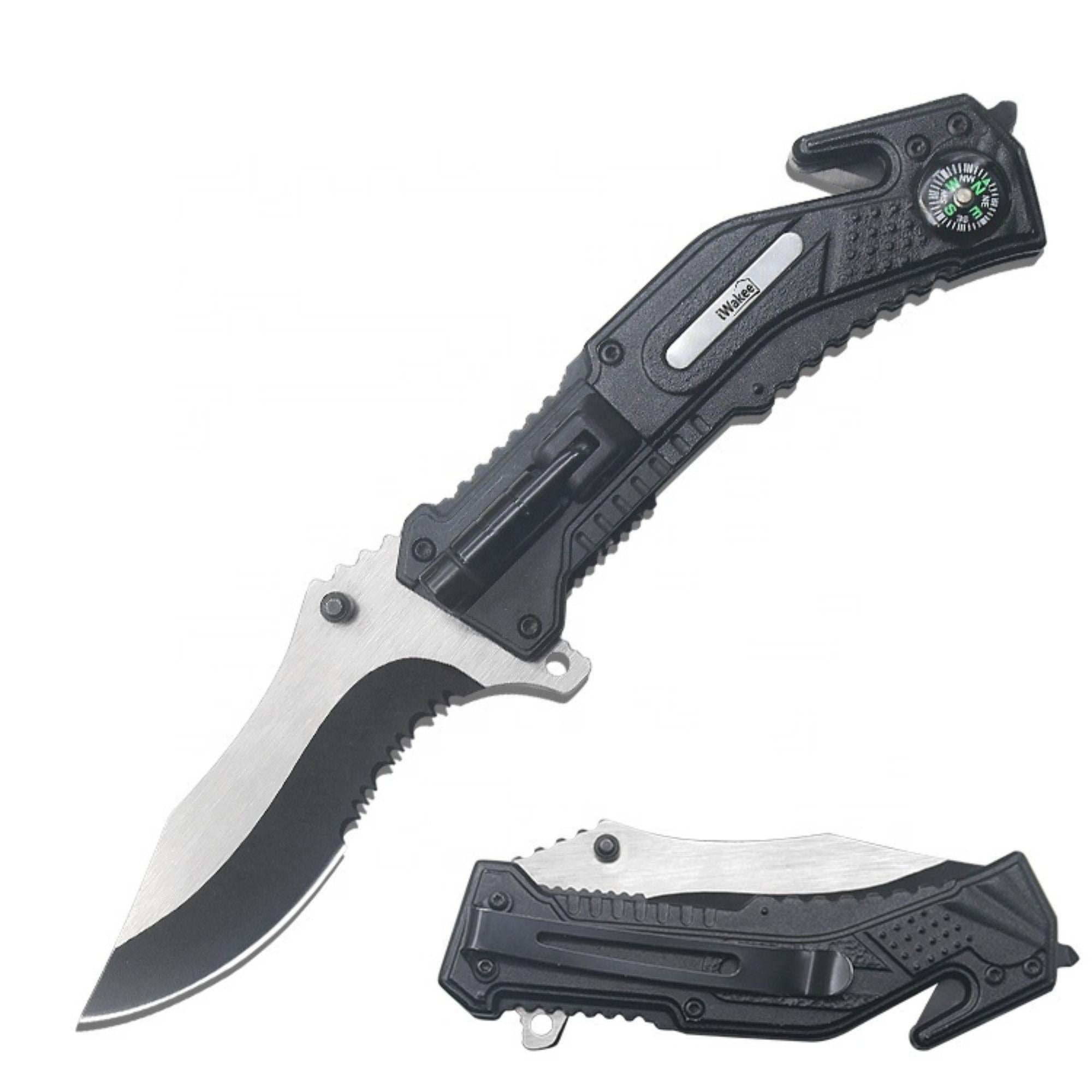 A multifunctional pocket knife with a large stainless steel blade, window shattering knob, seat-belt cutter, bottle opener, and belt clip, designed for tactical use.