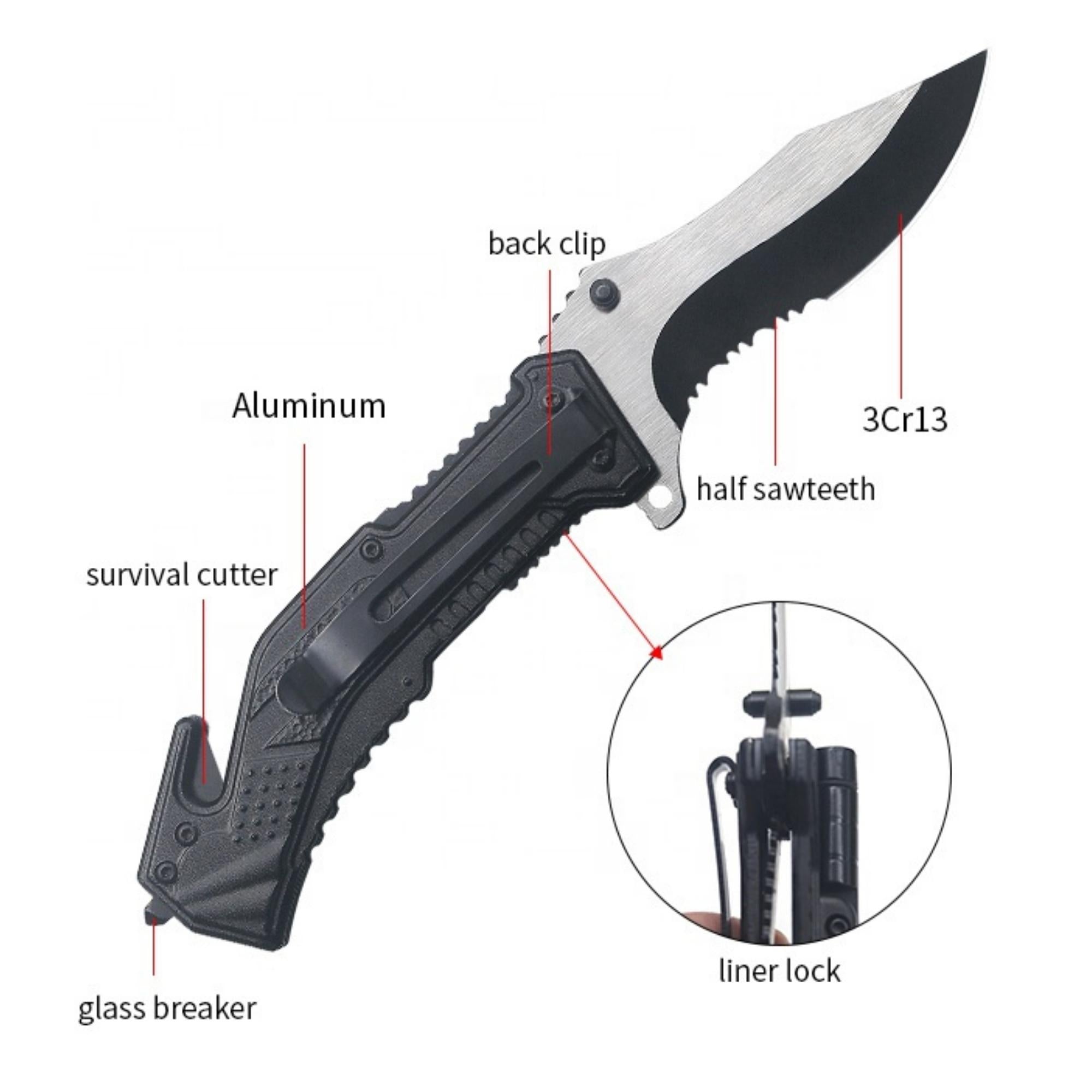 A multifunctional pocket knife with a large stainless steel blade, window shattering knob, seat-belt cutter, bottle opener, and belt clip, designed for tactical use.