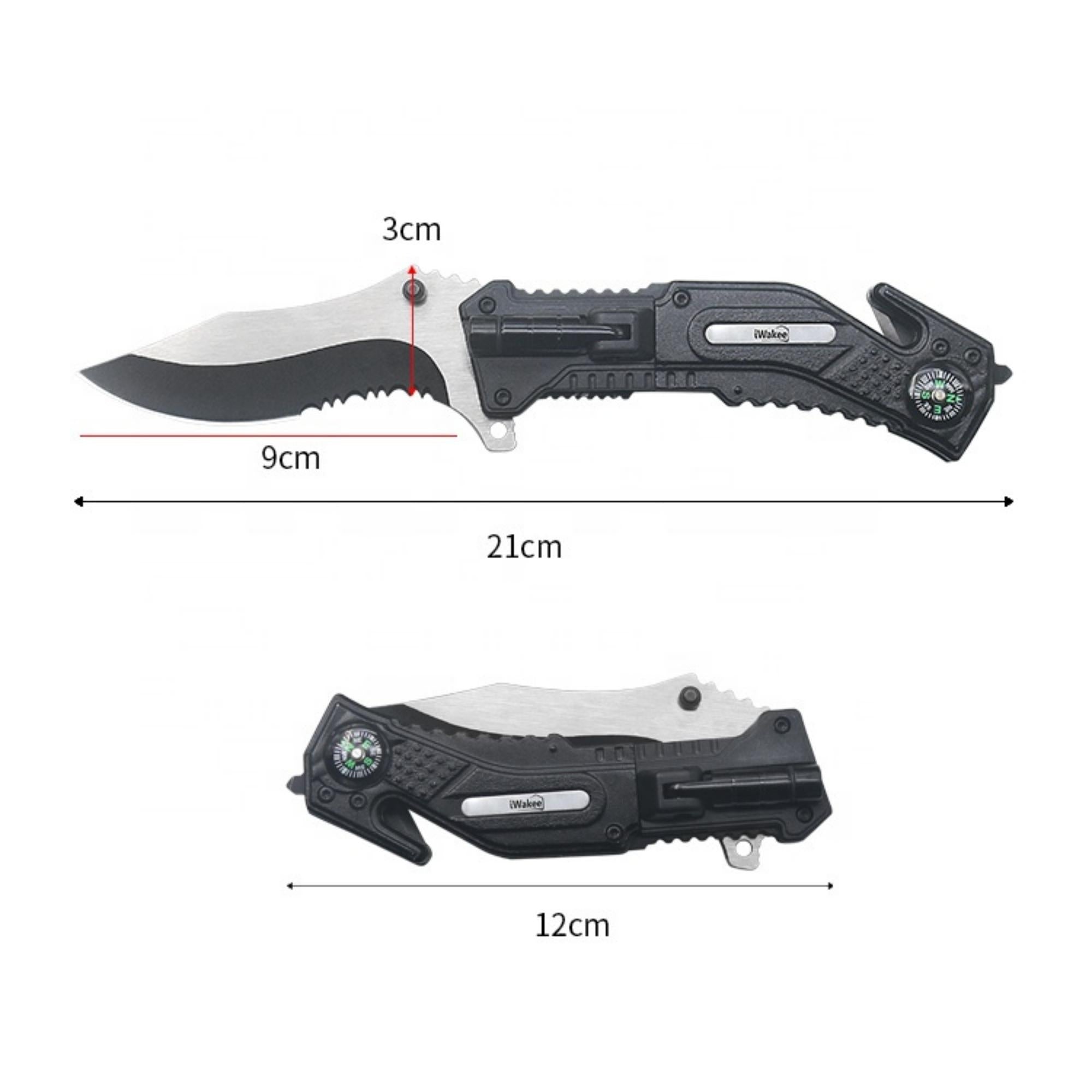 A multifunctional pocket knife with a large stainless steel blade, window shattering knob, seat-belt cutter, bottle opener, and belt clip, designed for tactical use.