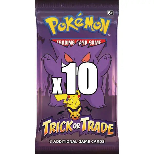 A collection of 10 Pokemon 2022 Halloween Trick or Trade BOOster Packs featuring spooky characters like Gengar and Mimikyu.