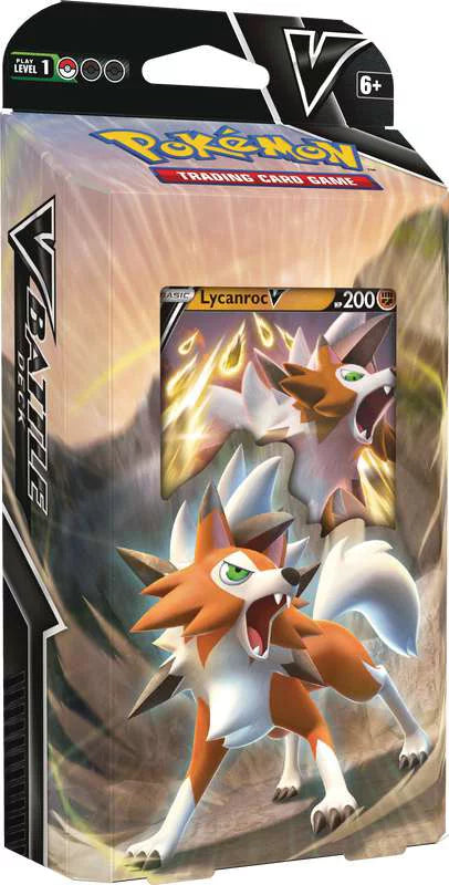 Pokemon Lycanroc V Battle Deck featuring a 60-card deck, damage counters, playmat, and metallic coin, designed for Trading Card Game enthusiasts.