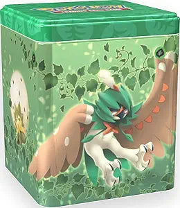 Pokémon Stacking Tin: Grass featuring vibrant design, 3 booster packs, and a collectible coin.