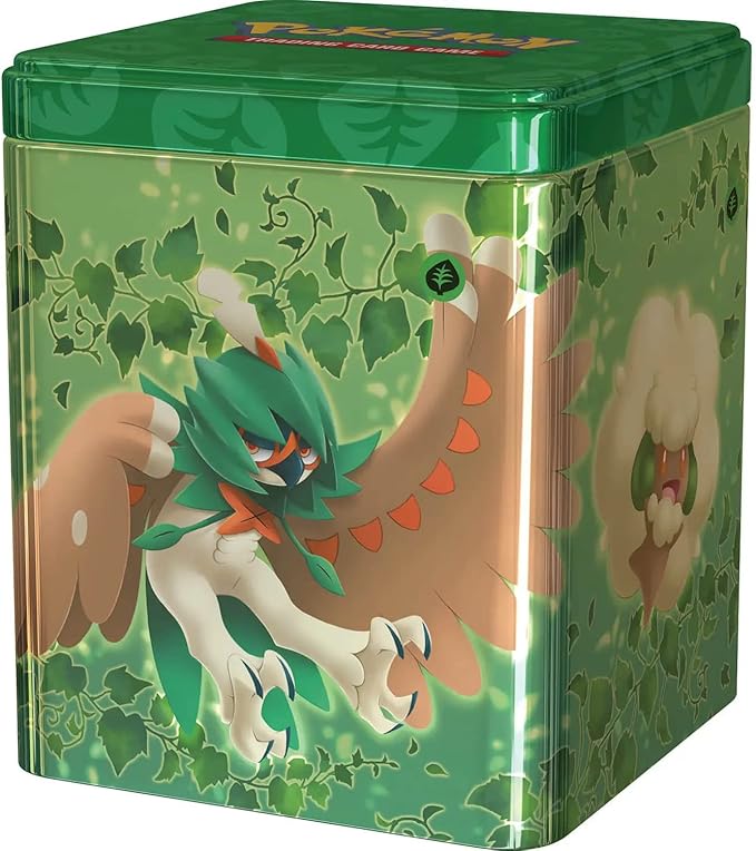 Pokémon Stacking Tin: Grass featuring vibrant design, 3 booster packs, and a collectible coin.