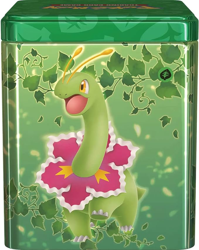 Pokémon Stacking Tin: Grass featuring vibrant design, 3 booster packs, and a collectible coin.