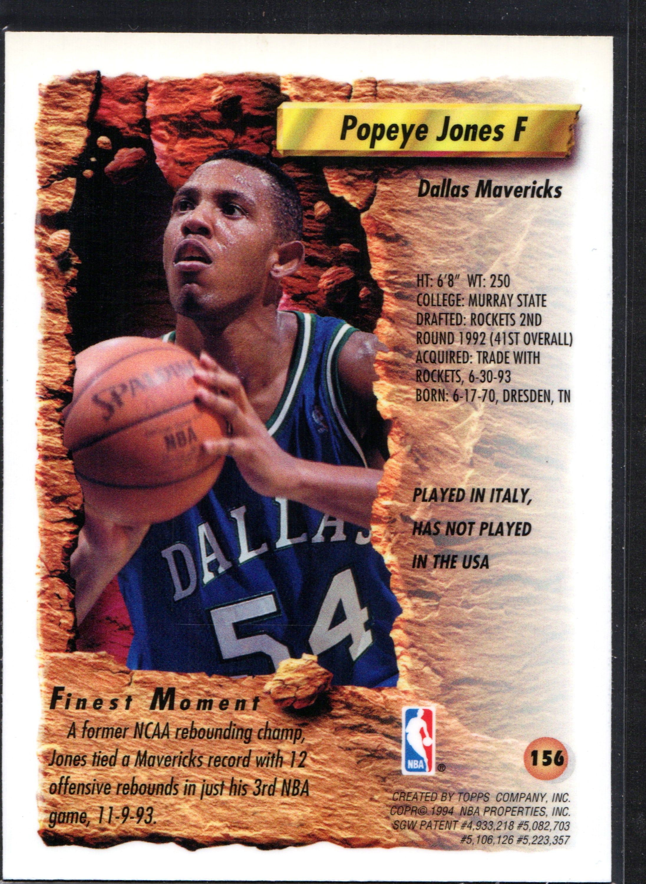 Popeye Jones Dallas Mavericks #156 trading card from 1994 Topps, featuring vibrant colors and clear image of the player in uniform.