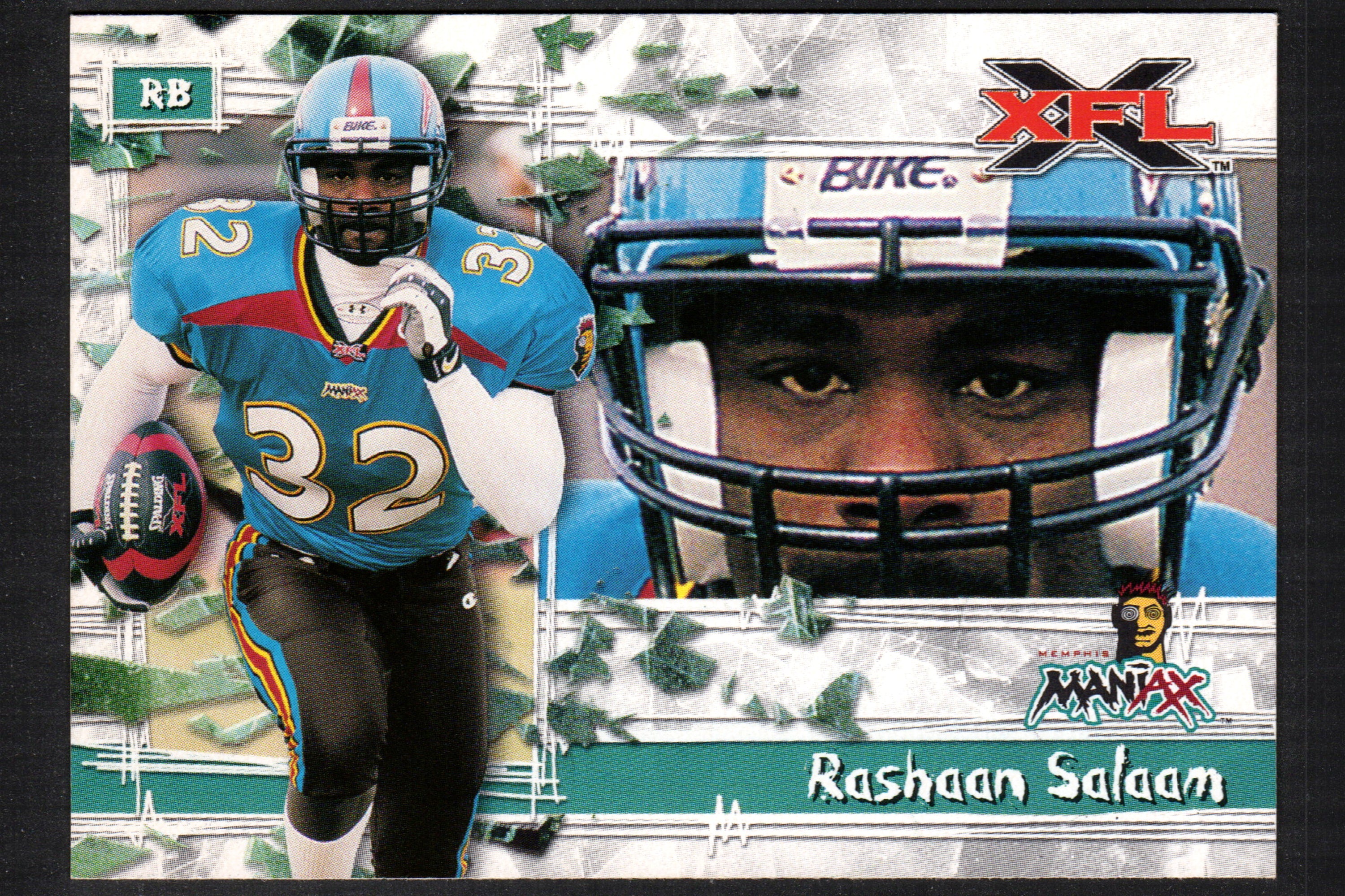 Rashaan Salaam Memphis Maniax #P3 trading card from the 2001 Topps XFL set, showcasing vibrant colors and detailed player information.