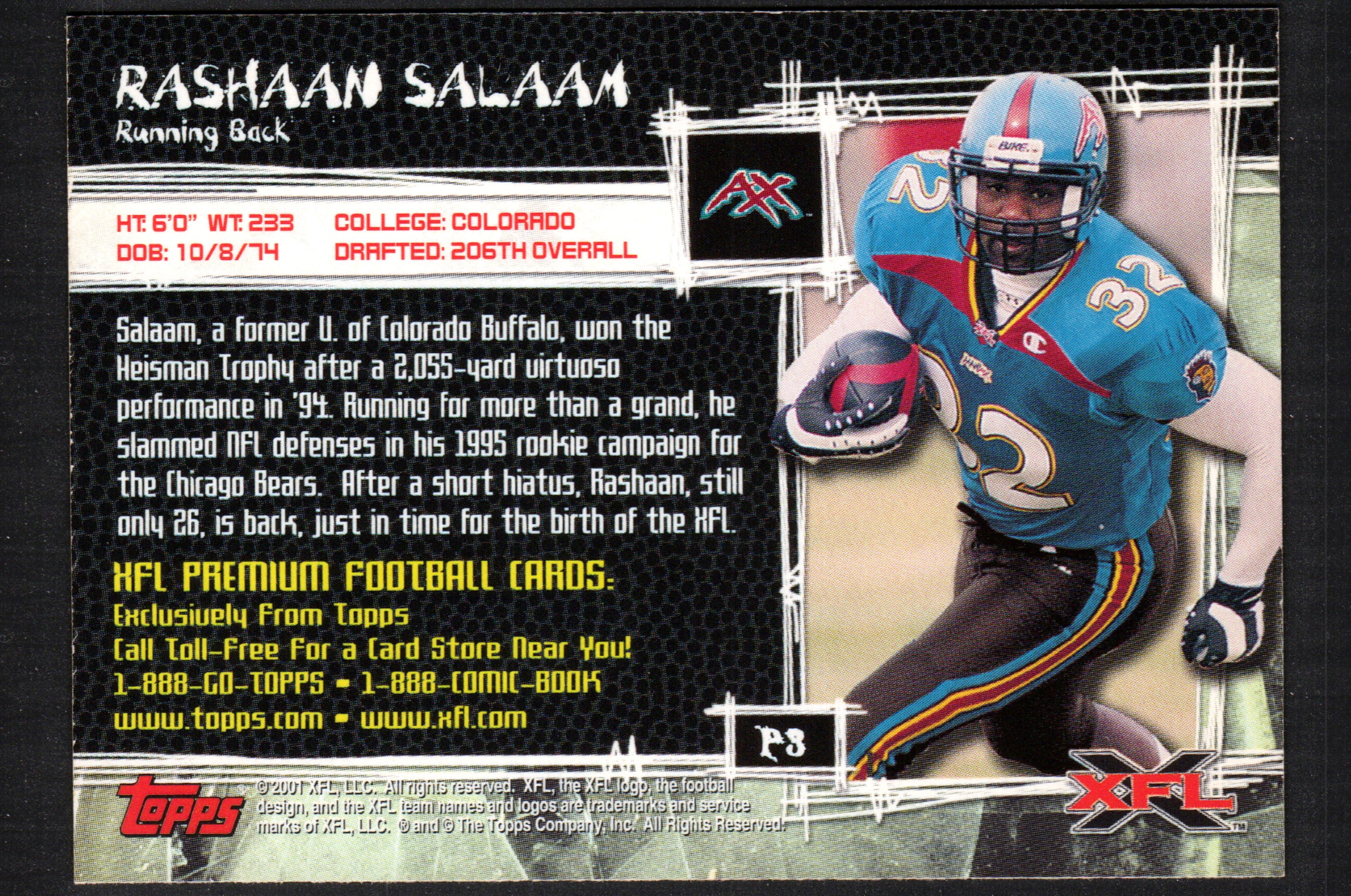 Rashaan Salaam Memphis Maniax #P3 trading card from the 2001 Topps XFL set, showcasing vibrant colors and detailed player information.