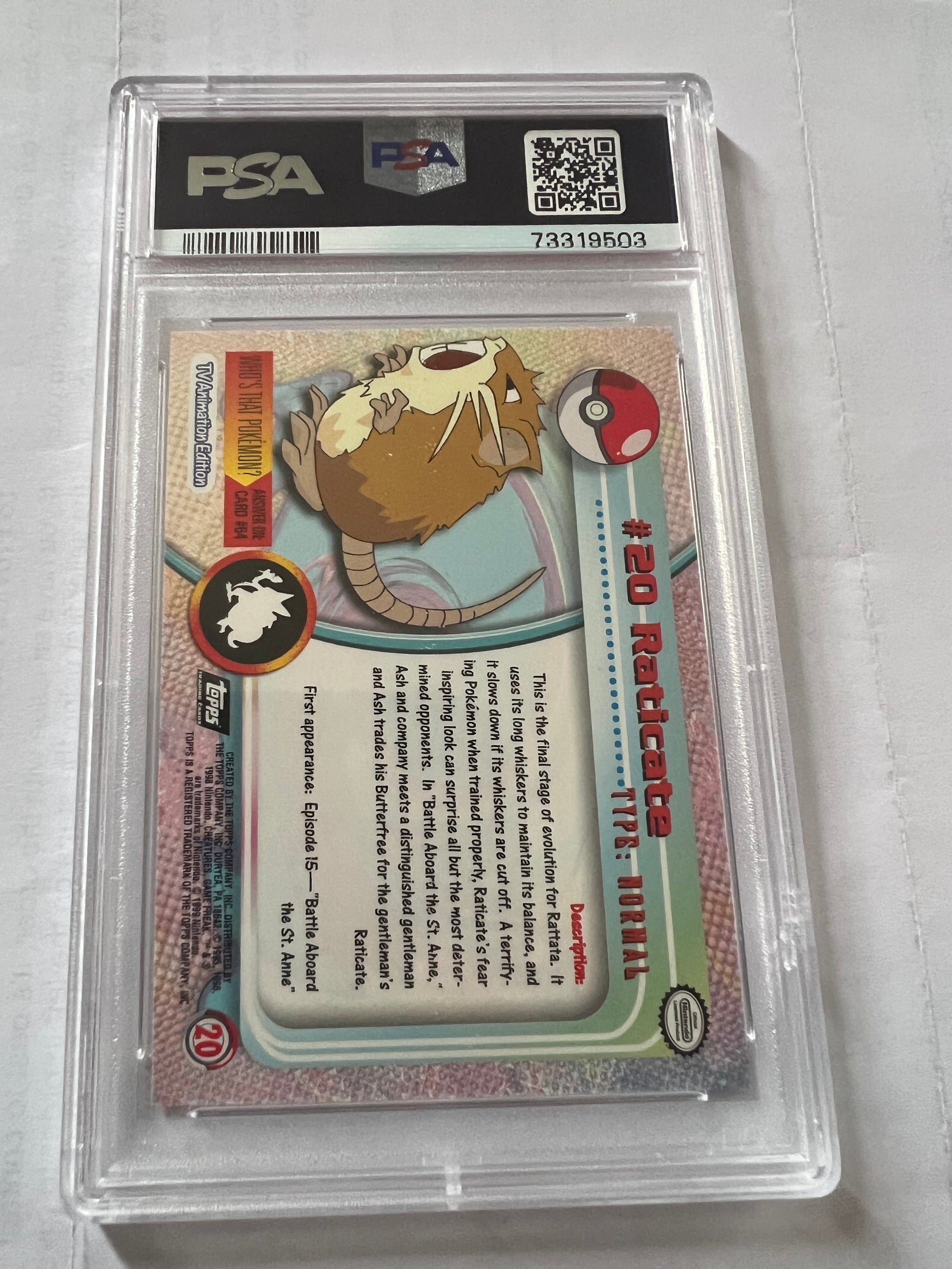 Raticate Pokémon TCG card from 1990 Topps series, featuring black logo and foil finish, in PSA 9 condition.