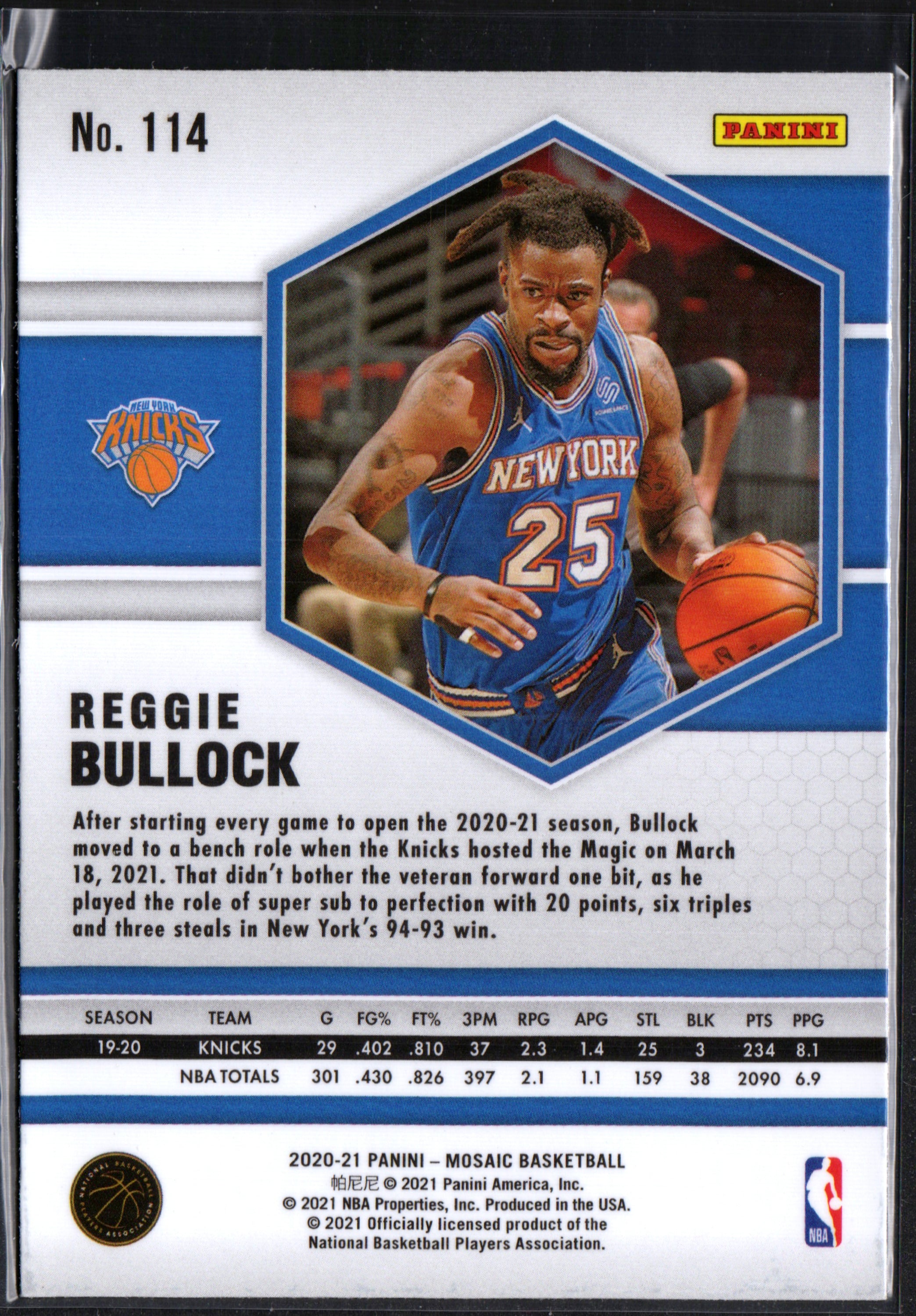 Reggie Bullock New York Knicks #114 trading card from the 2020-21 Panini Mosaic set, featuring vibrant colors and detailed imagery.