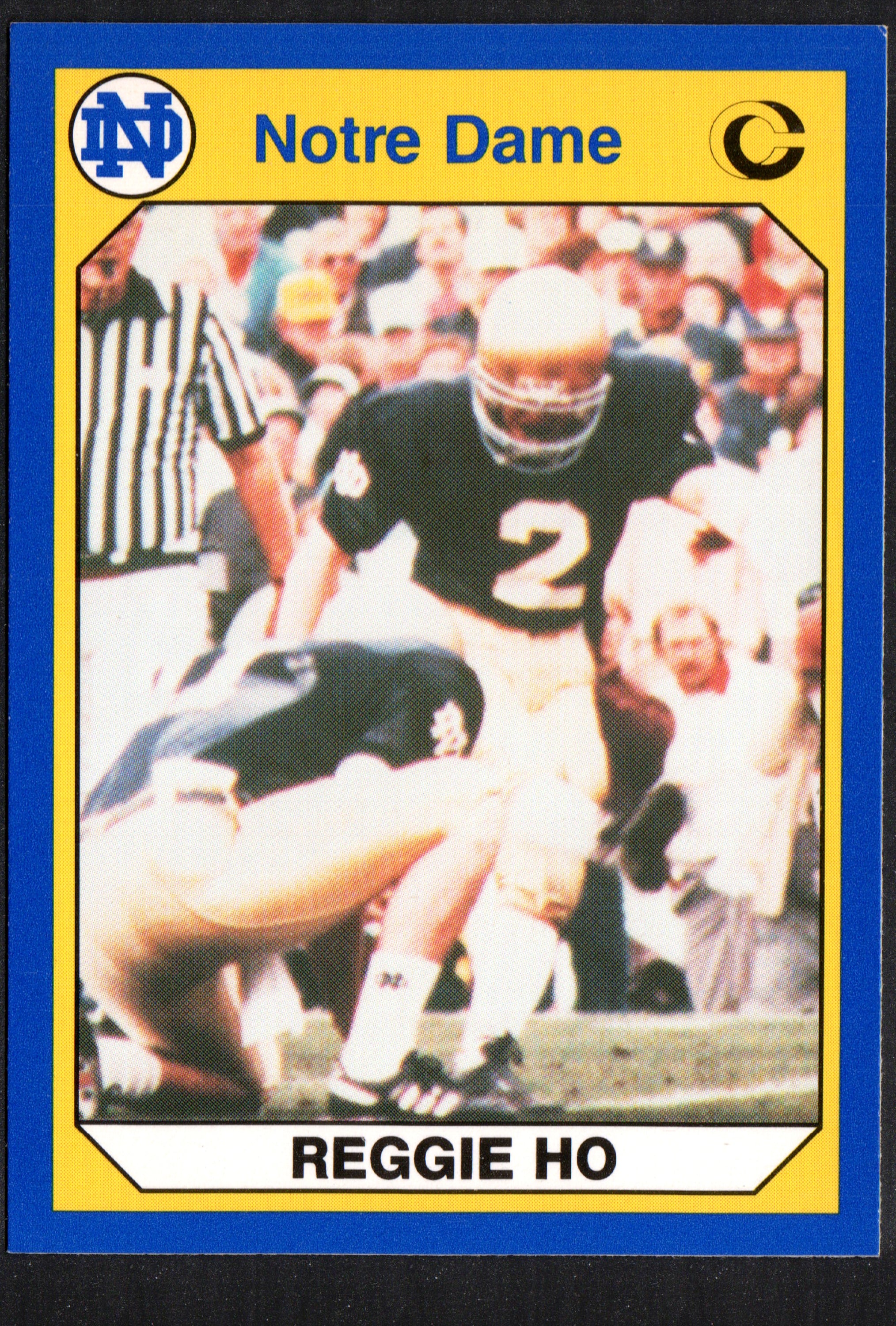 Reggie Ho Notre Dame #36 trading card from 1990, featuring him in football uniform with detailed stats on the back.