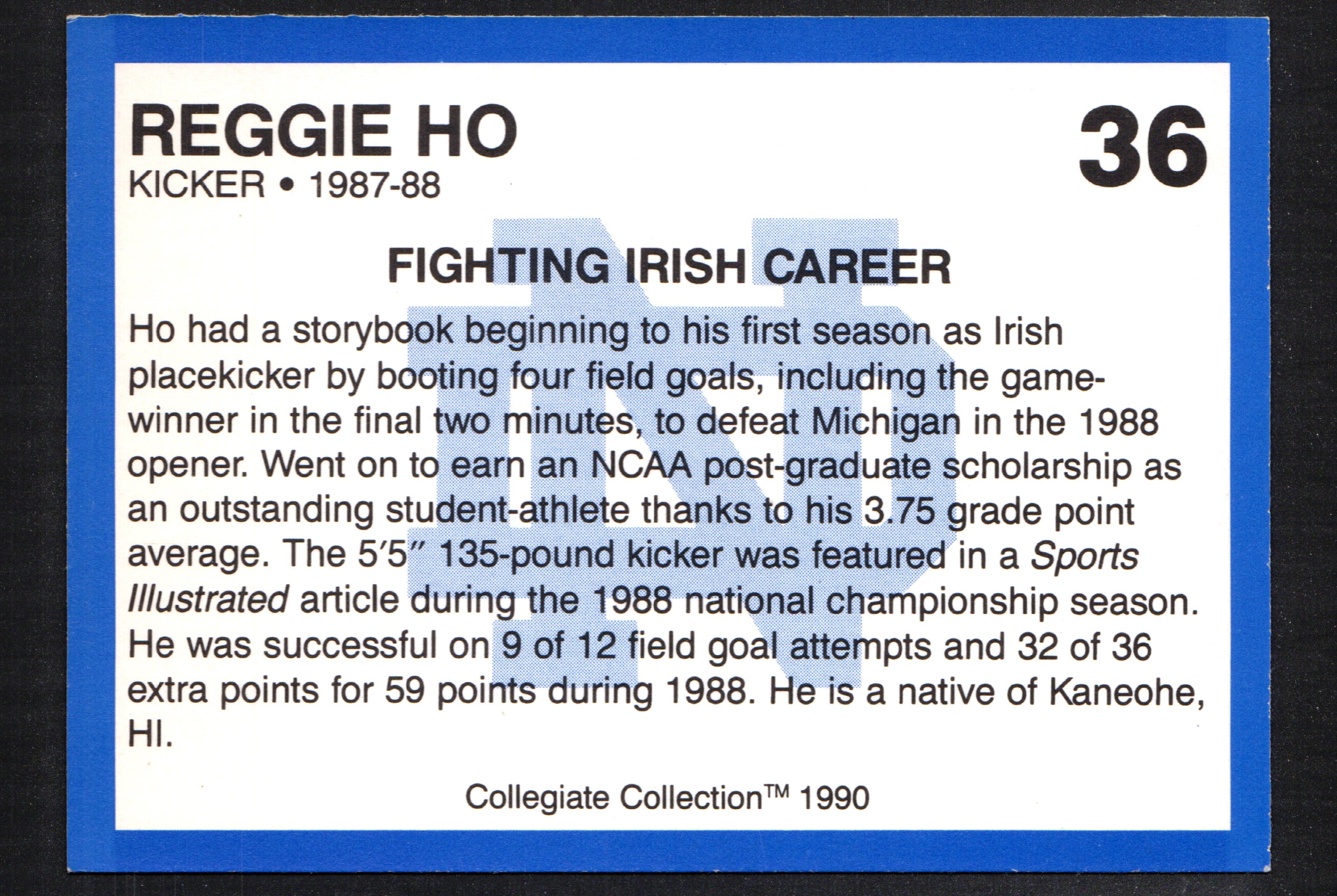 Reggie Ho Notre Dame #36 trading card from 1990, featuring him in football uniform with detailed stats on the back.