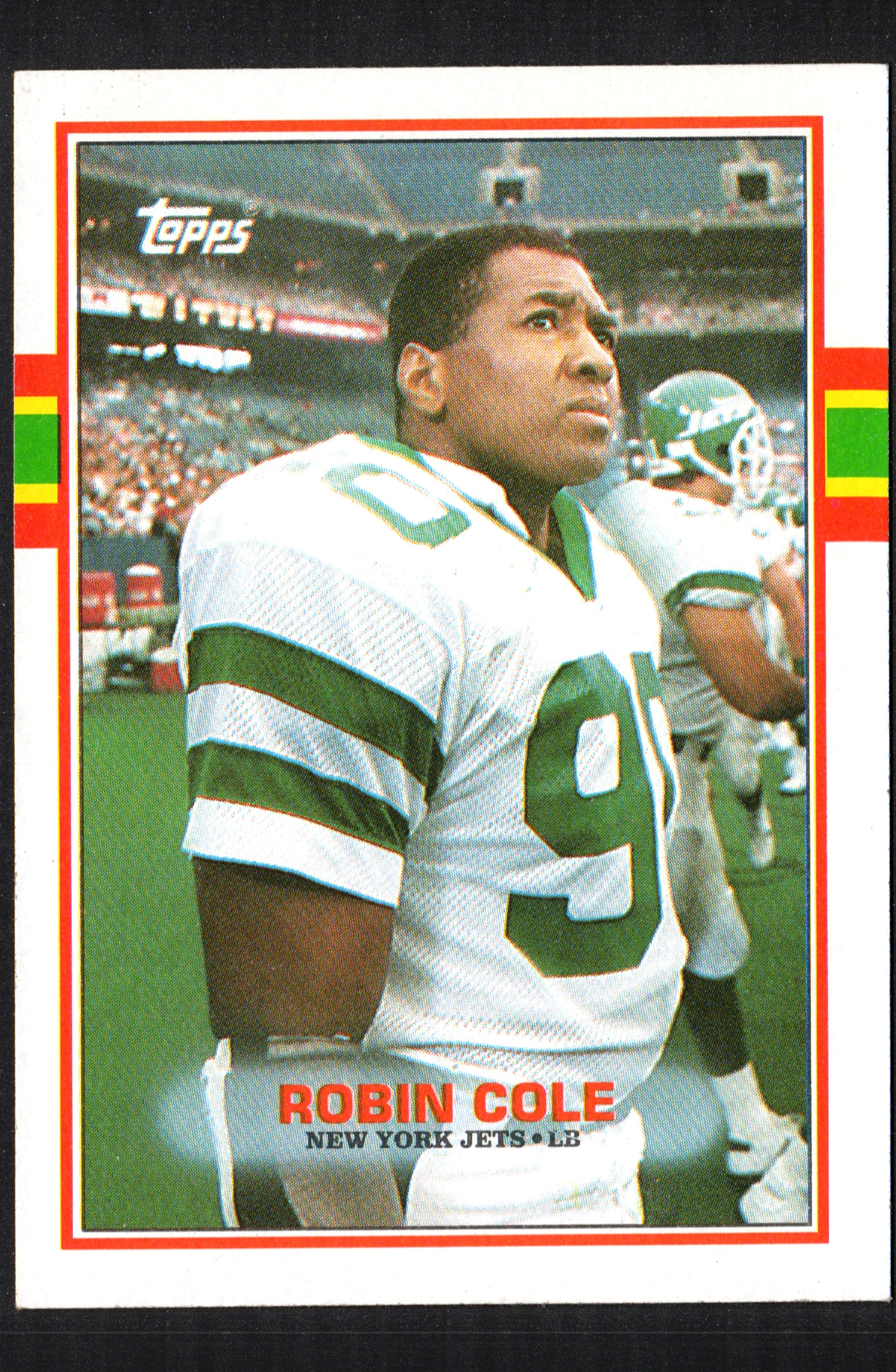 Robin Cole New York Jets #231 trading card from 1989 Topps, featuring vibrant colors and sharp image of the player.