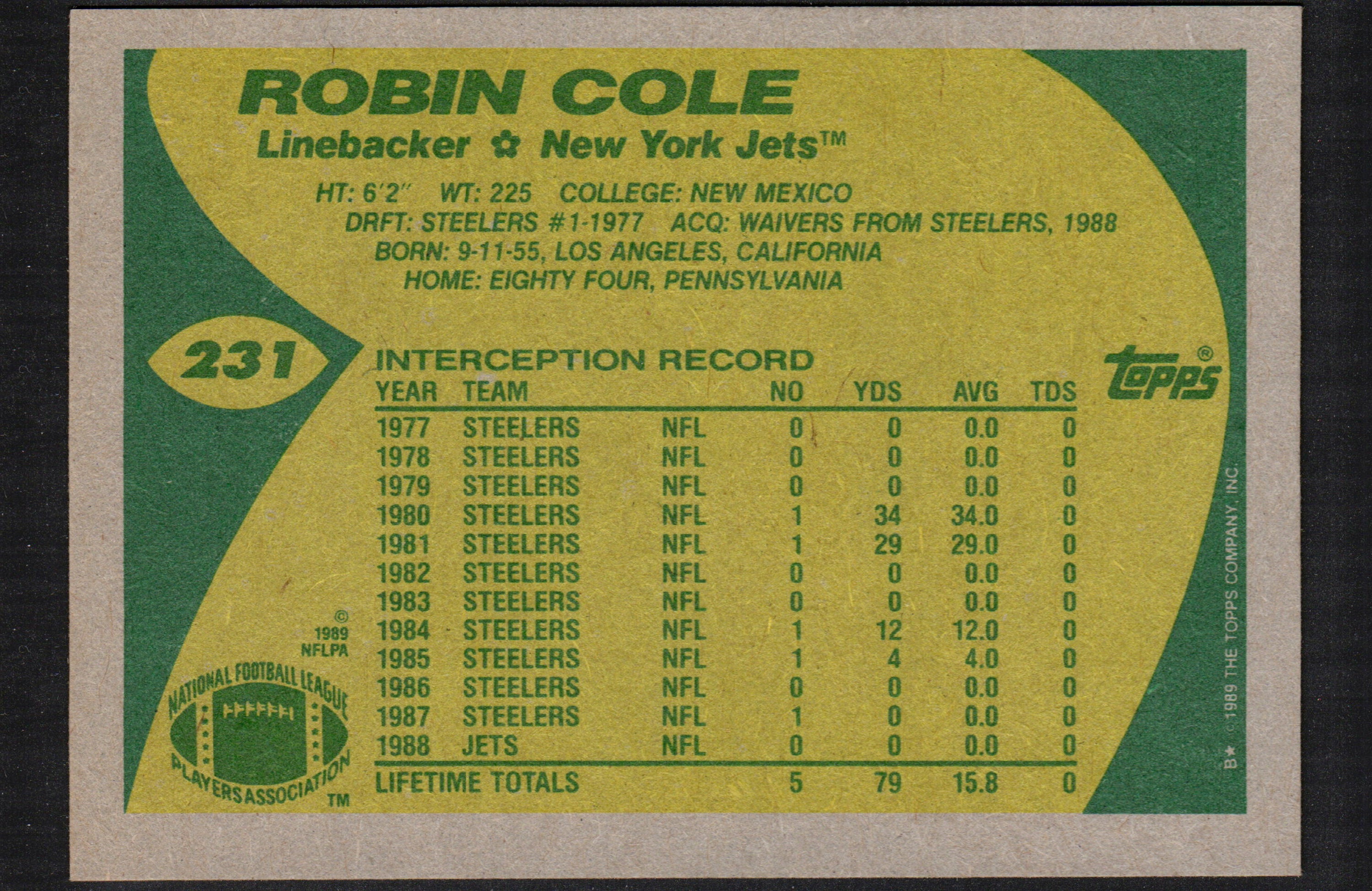 Robin Cole New York Jets #231 trading card from 1989 Topps, featuring vibrant colors and sharp image of the player.