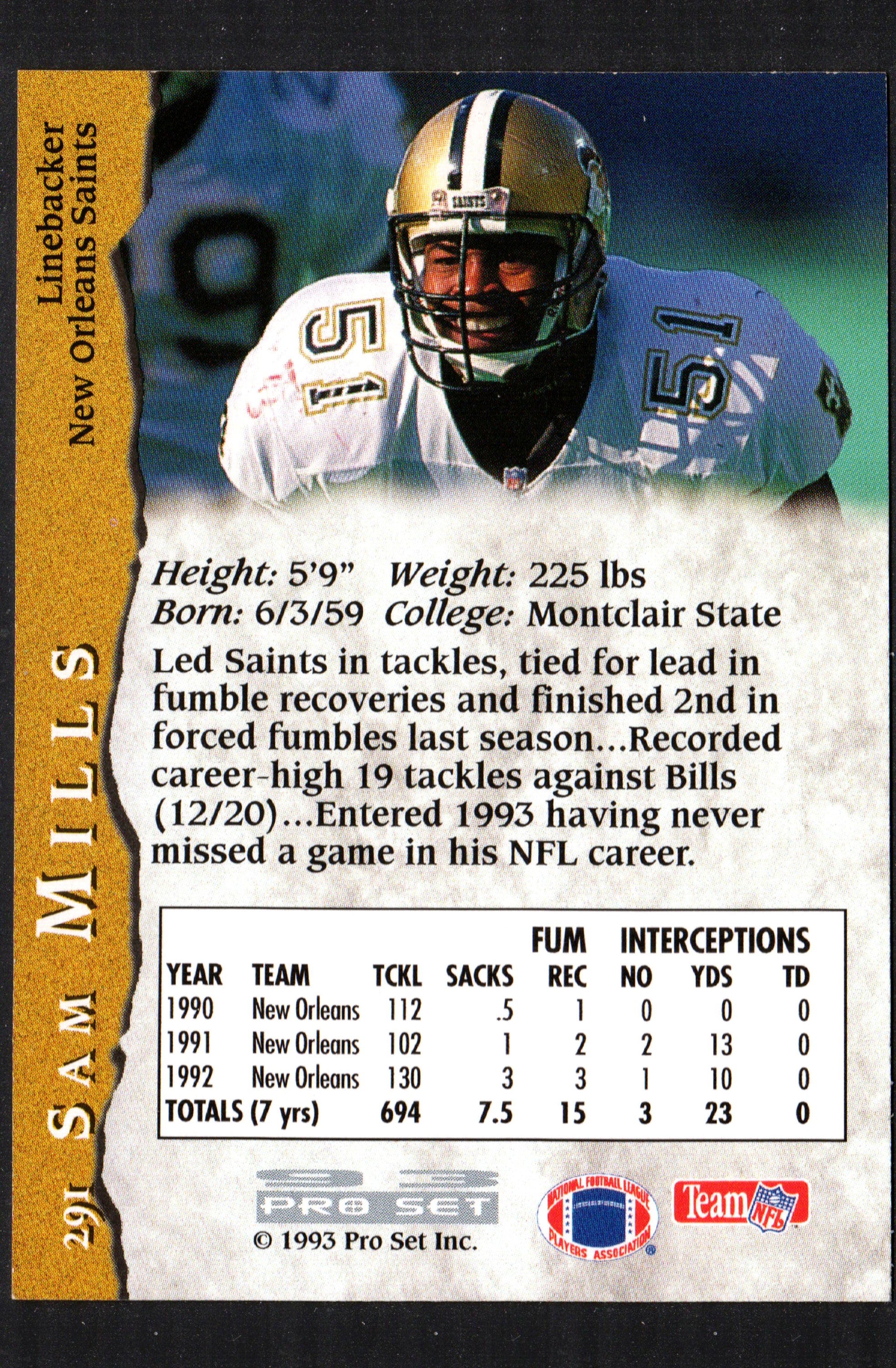 1993 Pro Set trading card featuring Sam Mills, New Orleans Saints linebacker, numbered 291.