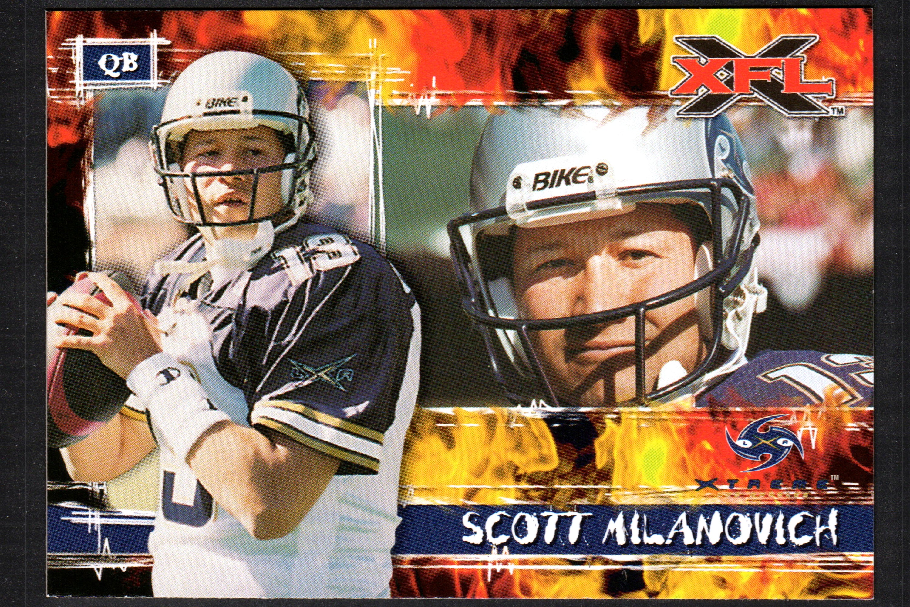 Scott Milanovich Los Angeles Xtreme trading card #64 from the 2001 Topps XFL set, featuring vibrant colors and detailed player imagery.