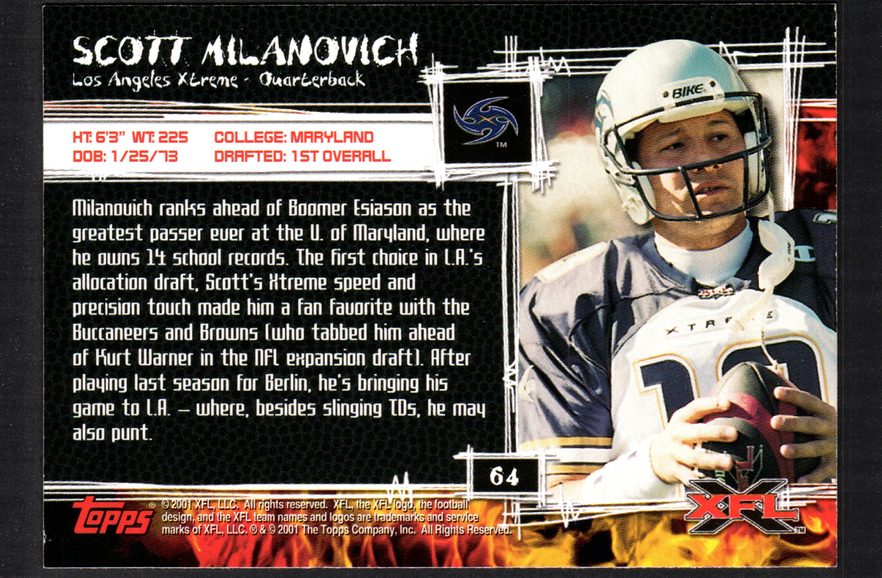 Scott Milanovich Los Angeles Xtreme trading card #64 from the 2001 Topps XFL set, featuring vibrant colors and detailed player imagery.