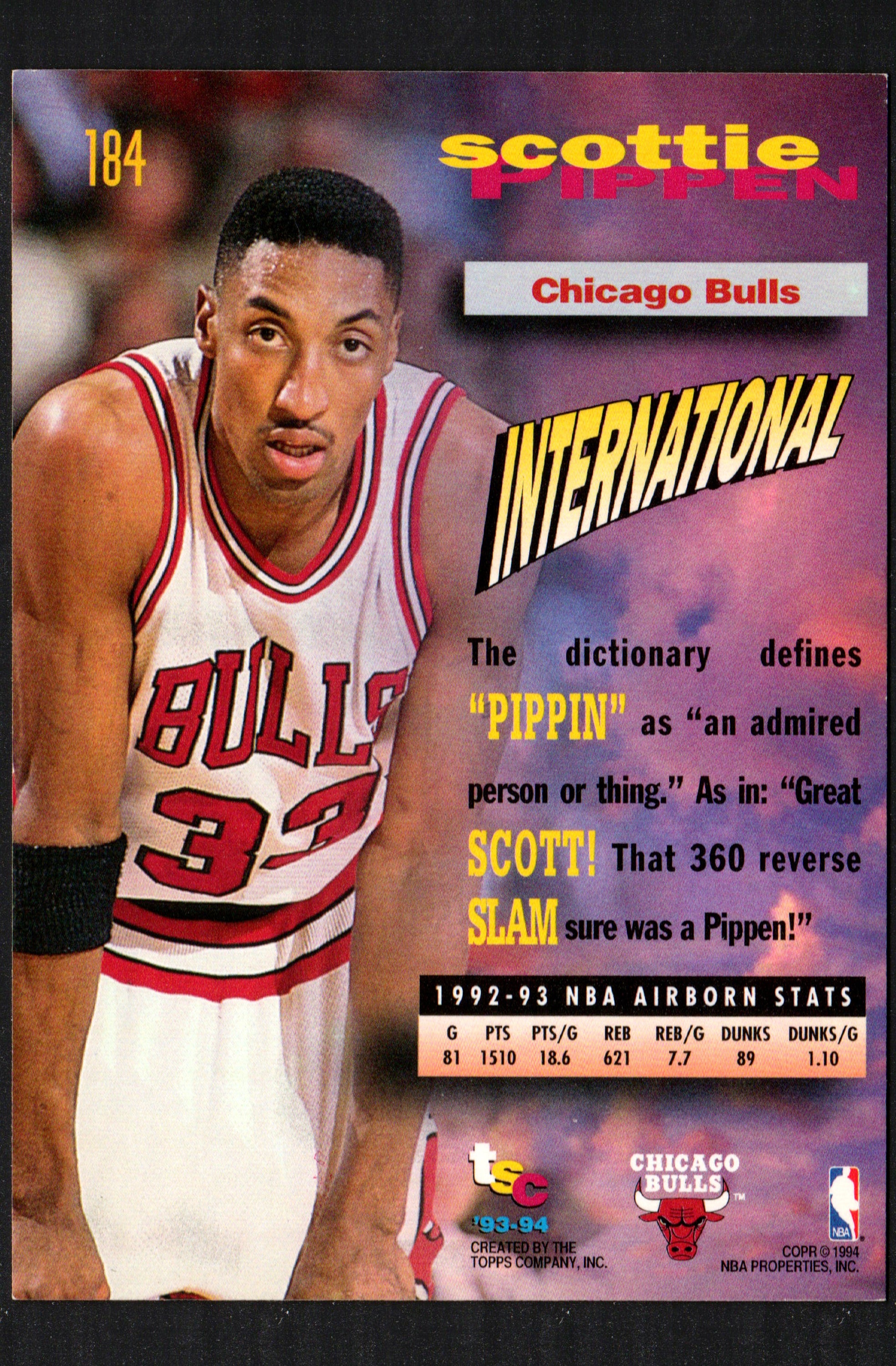 Scottie Pippen Chicago Bulls #184 trading card from 1993-94 Topps Stadium Club, featuring Pippen in his Bulls uniform.