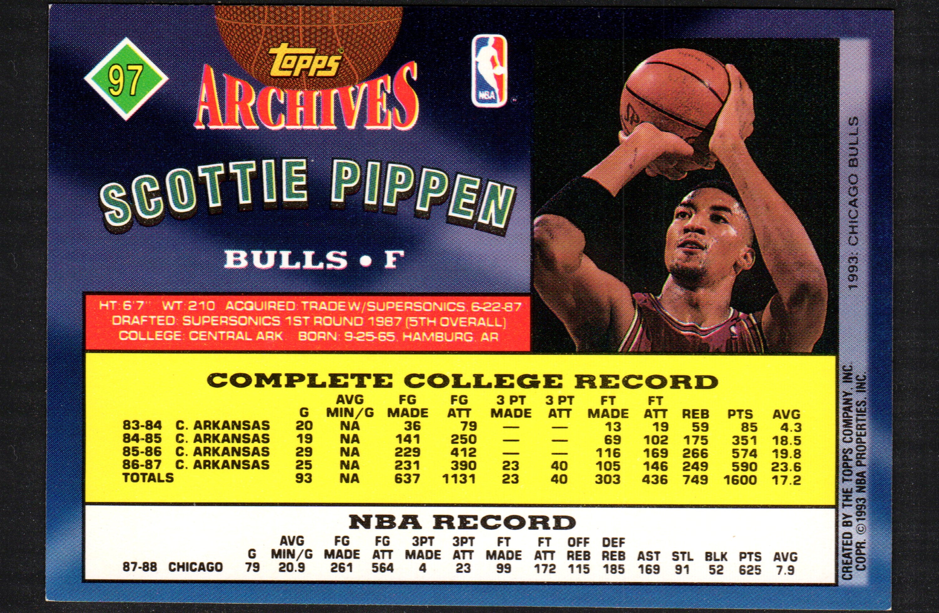 1993 Topps trading card featuring Scottie Pippen in Chicago Bulls uniform, card number 97.