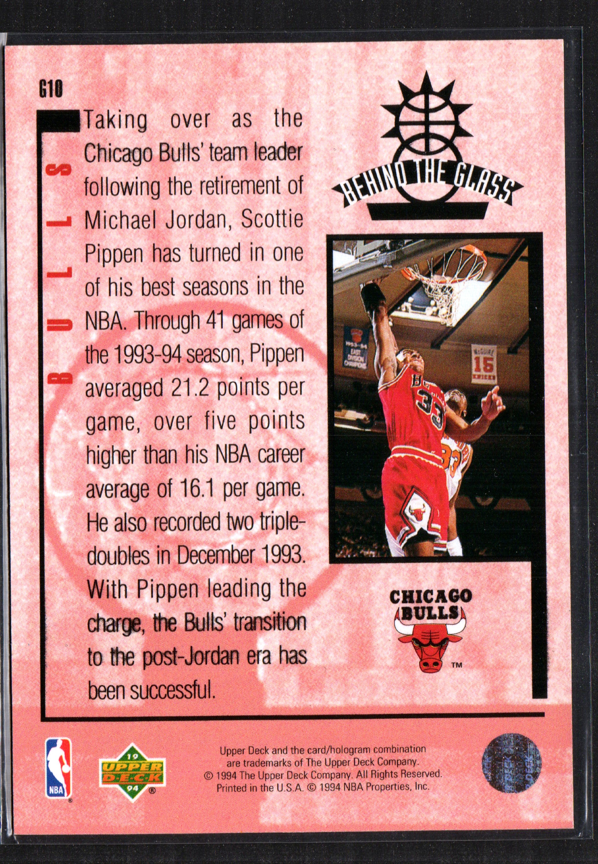 Scottie Pippen Chicago Bulls #G10 trading card from 1994 Upper Deck, showcasing Pippen in action during an NBA game.