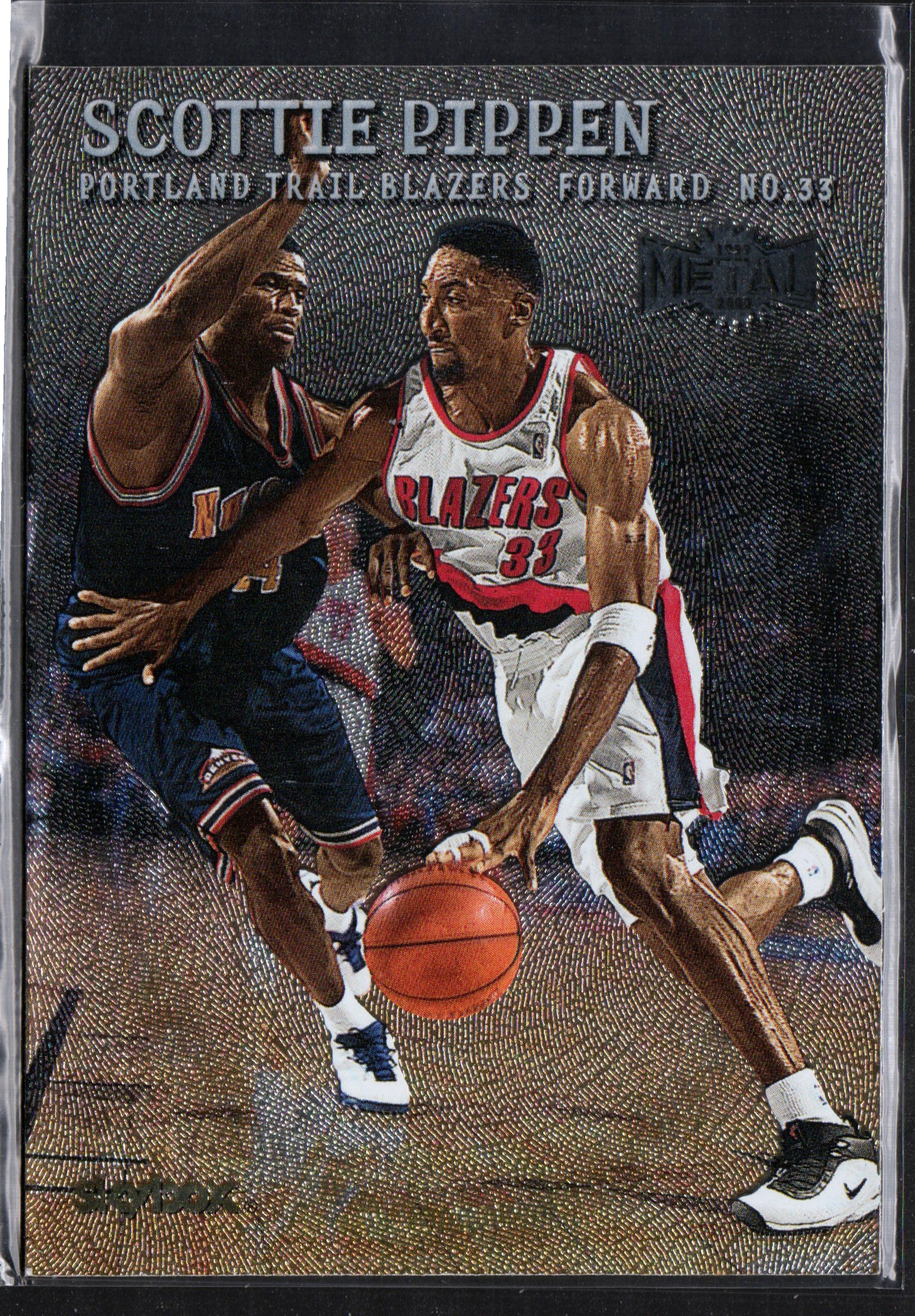 Scottie Pippen Portland Trail Blazers #133 trading card from the 1999-00 SkyBox Metal set, showcasing Pippen in action.