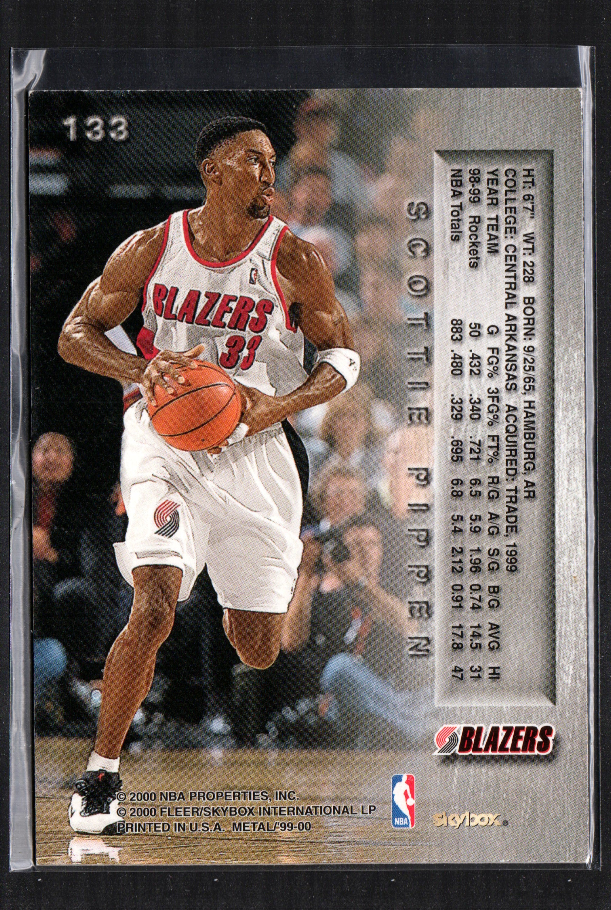 Scottie Pippen Portland Trail Blazers #133 trading card from the 1999-00 SkyBox Metal set, showcasing Pippen in action.