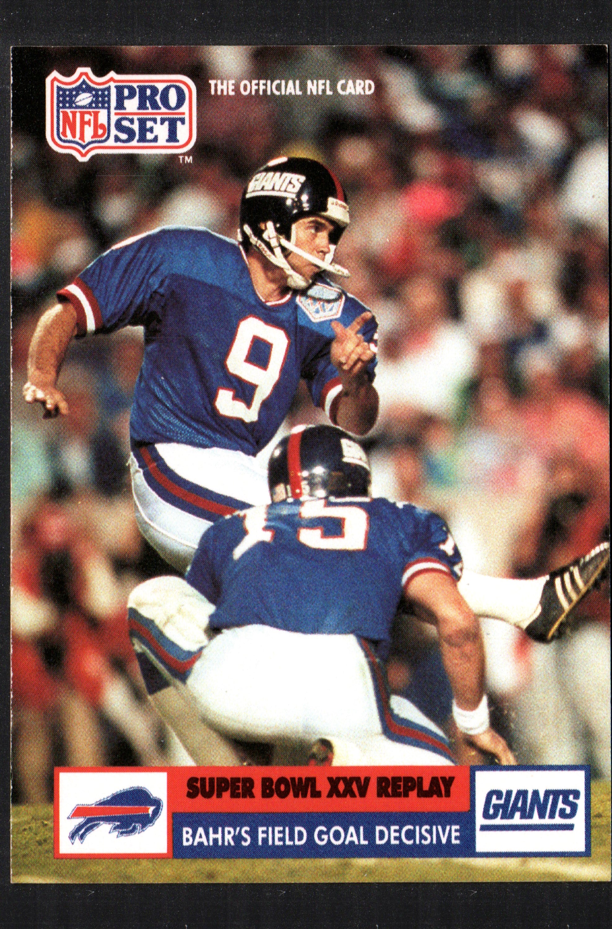 Super Bowl XXV Replay card featuring Matt Bahr, showcasing the New York Giants and Buffalo Bills.