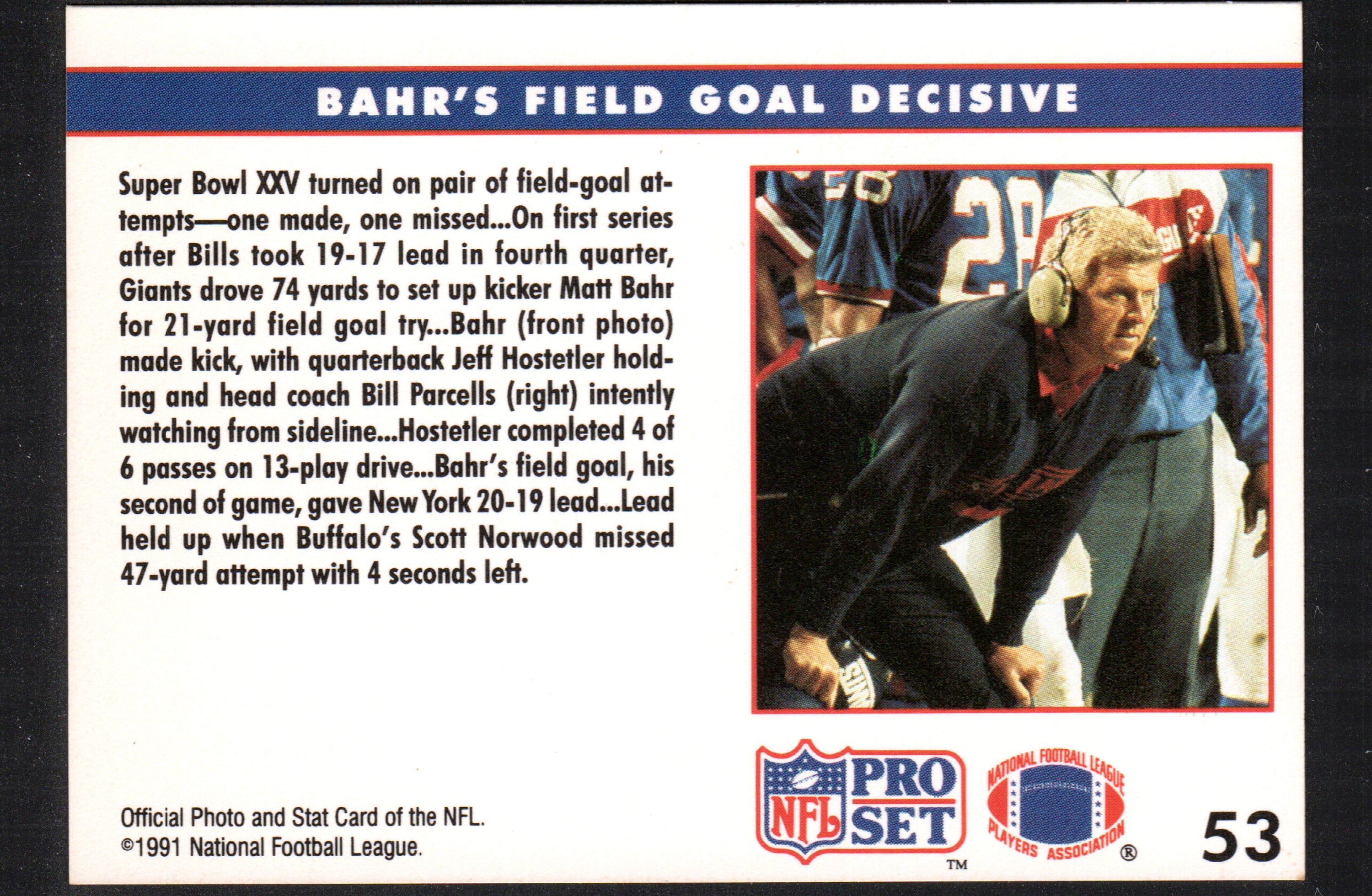 Super Bowl XXV Replay card featuring Matt Bahr, showcasing the New York Giants and Buffalo Bills.