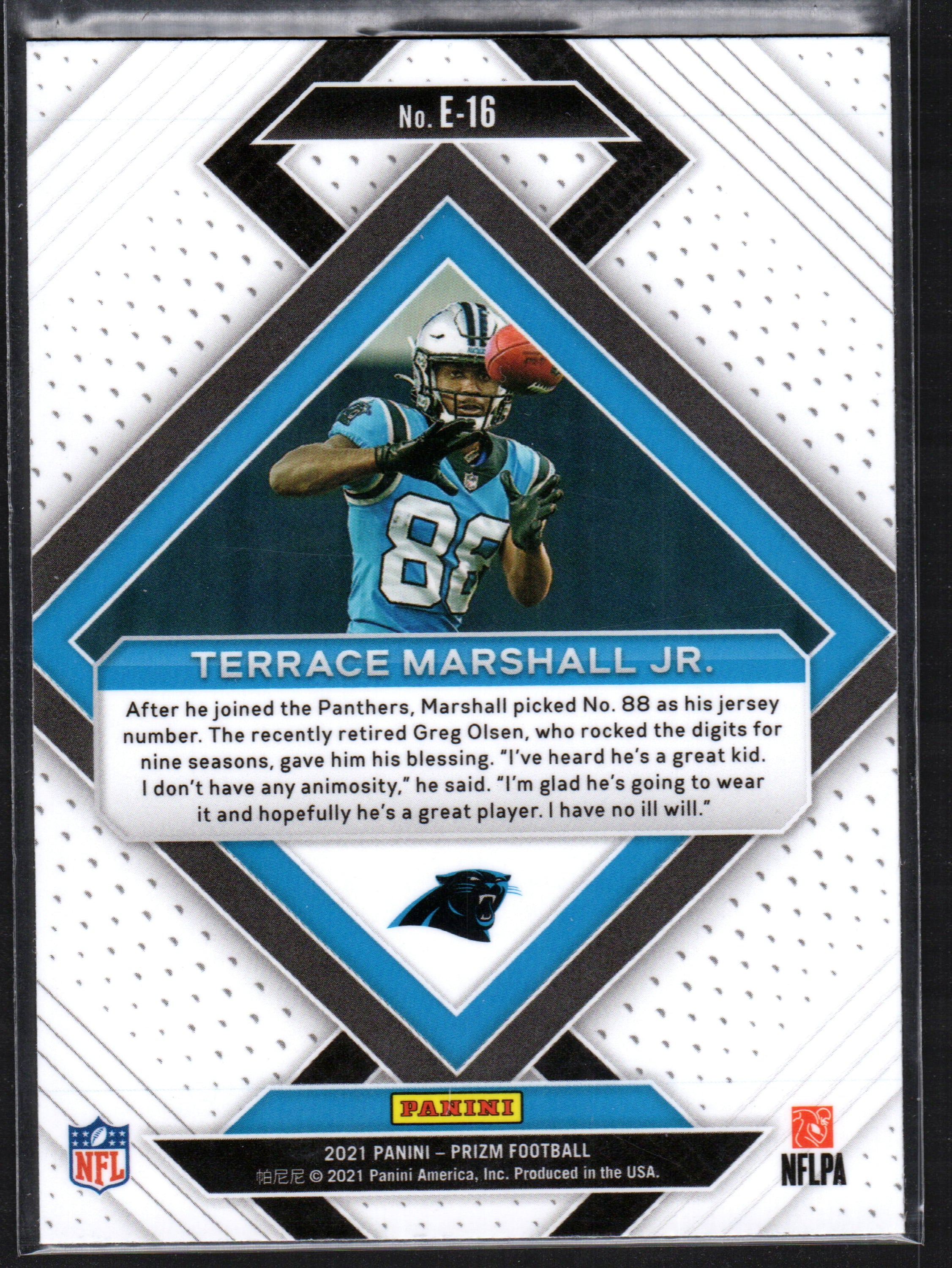 2021 Panini Prizm Terrace Marshall Jr. trading card featuring Carolina Panthers logo and player details.